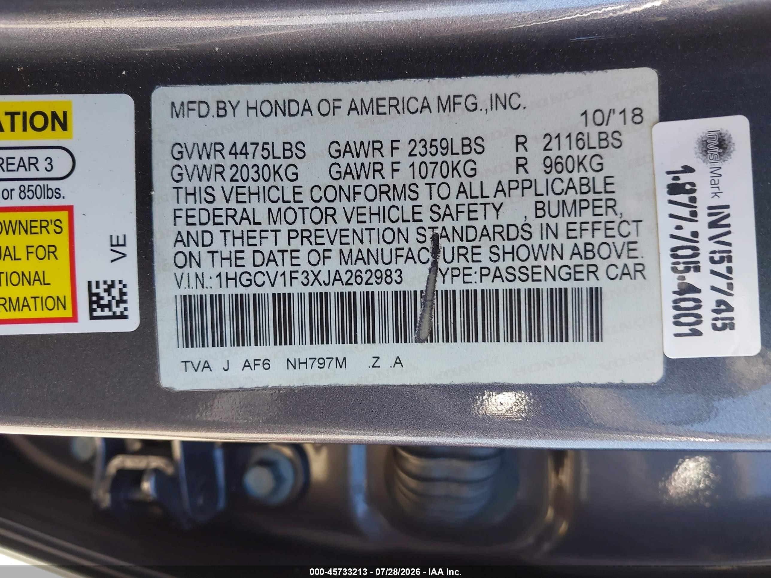 2018 Honda Accord Sport Gray vin: 1HGCV1F3XJA262983