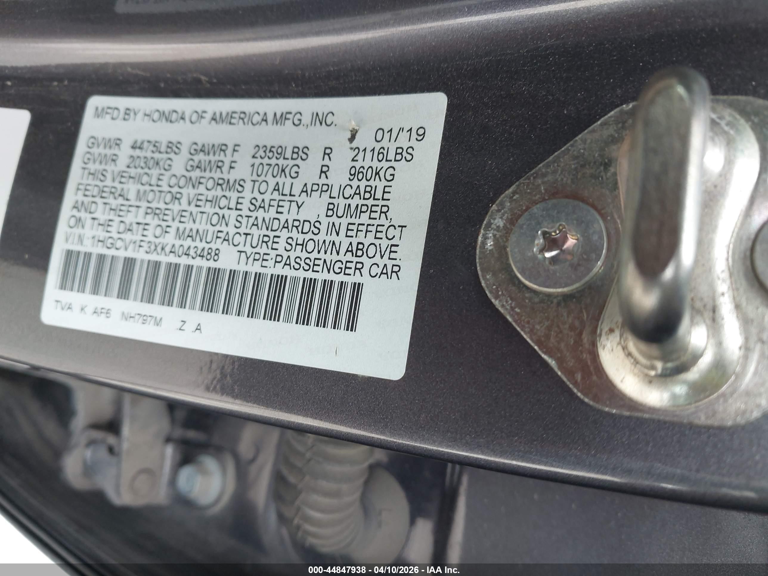2019 Honda Accord Sport Gray vin: 1HGCV1F3XKA043488