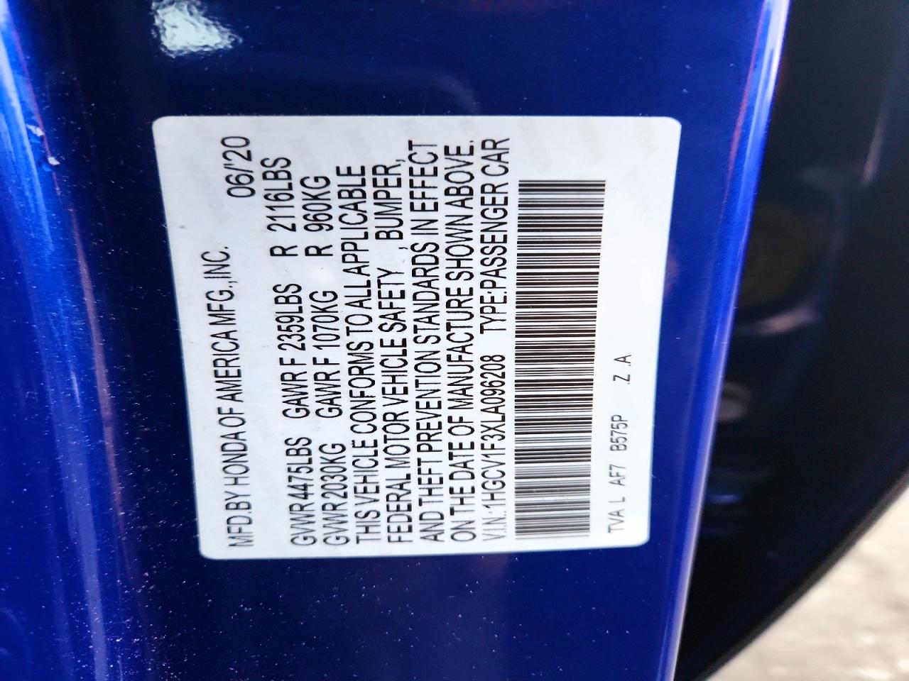 2020 Honda Accord Sport Blue vin: 1HGCV1F3XLA096208