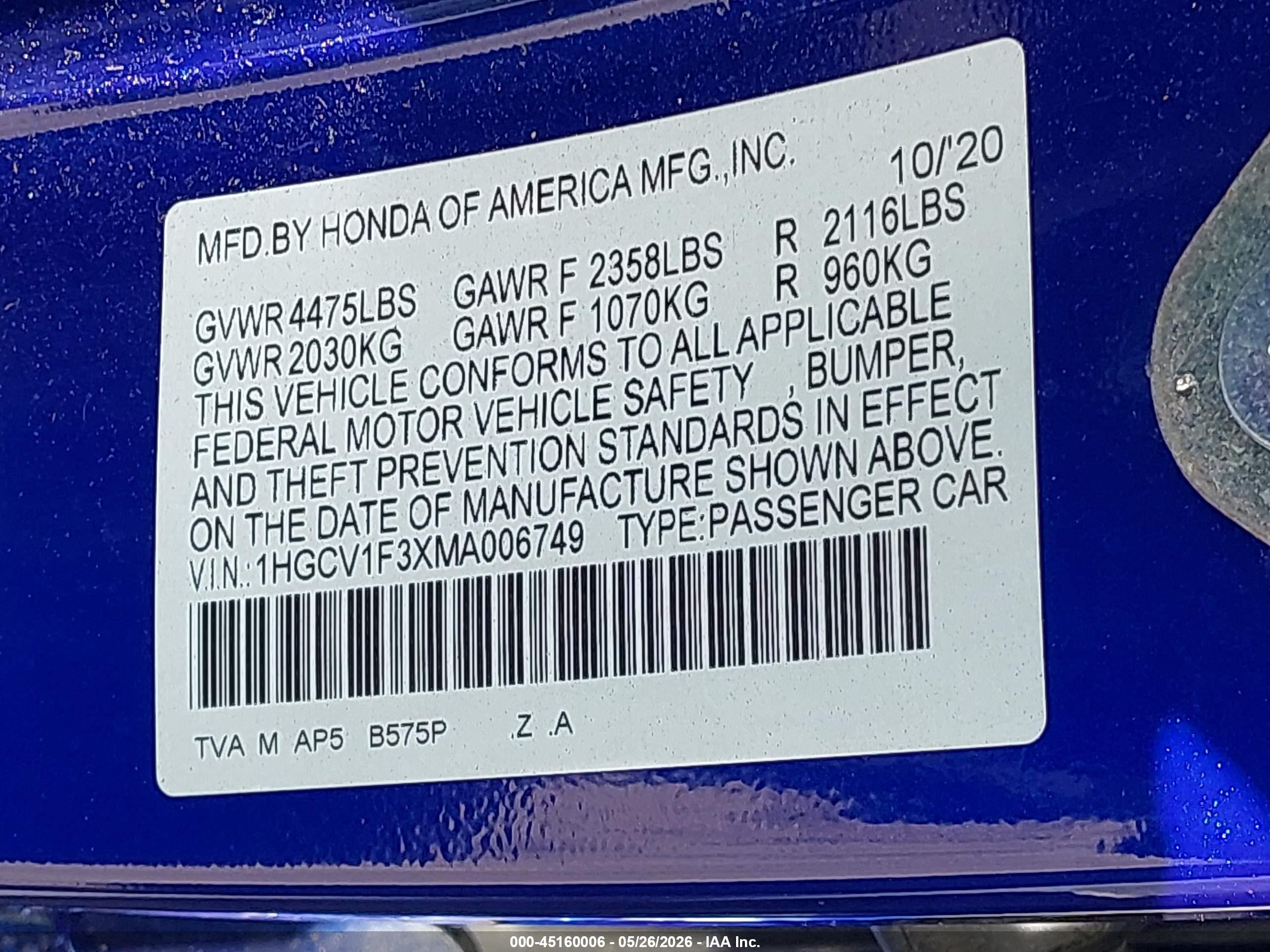 2021 Honda Accord Sport Синий vin: 1HGCV1F3XMA006749