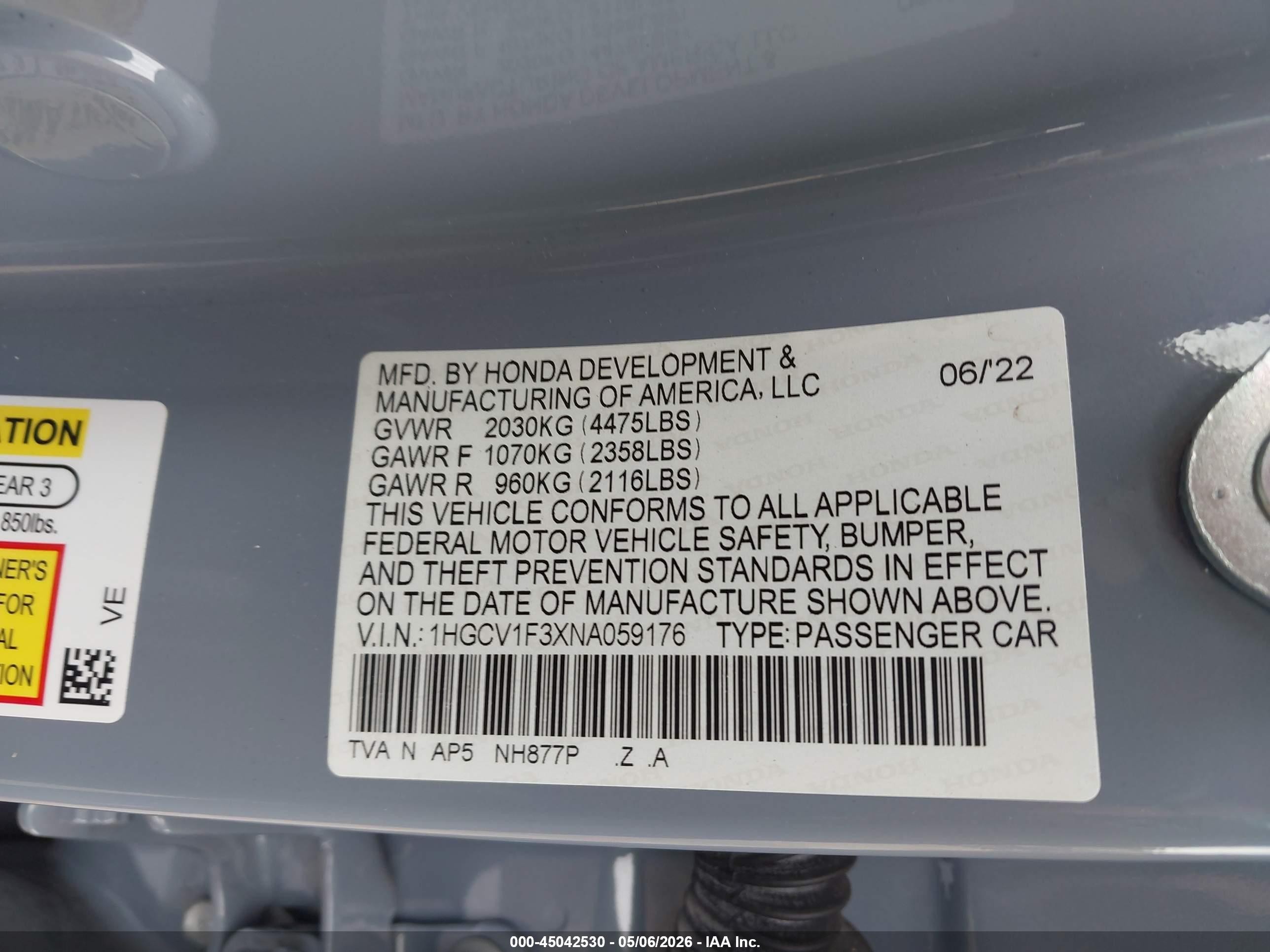 2022 Honda Accord Sport Серый vin: 1HGCV1F3XNA059176