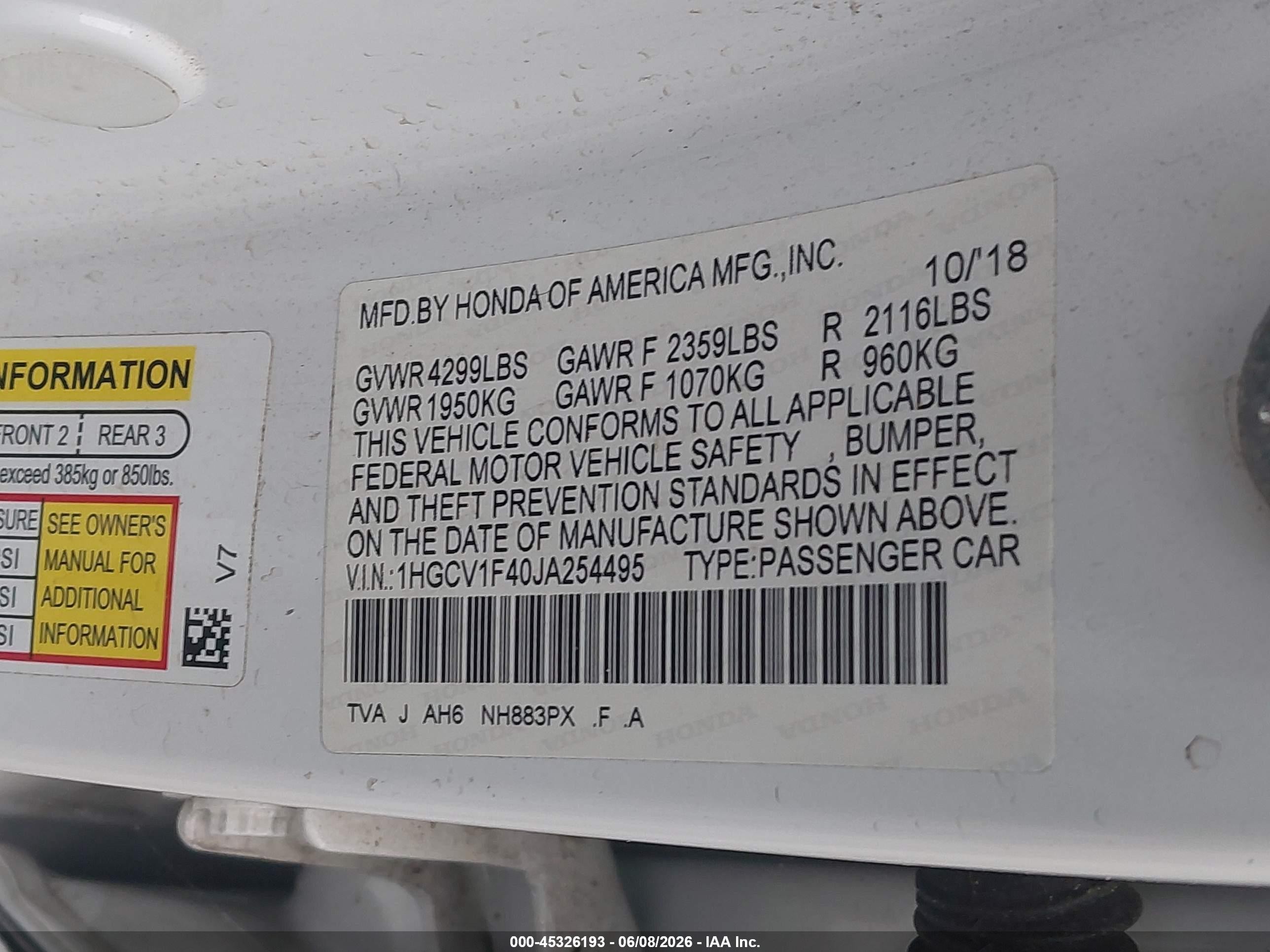 2018 Honda Accord Ex Белый vin: 1HGCV1F40JA254495
