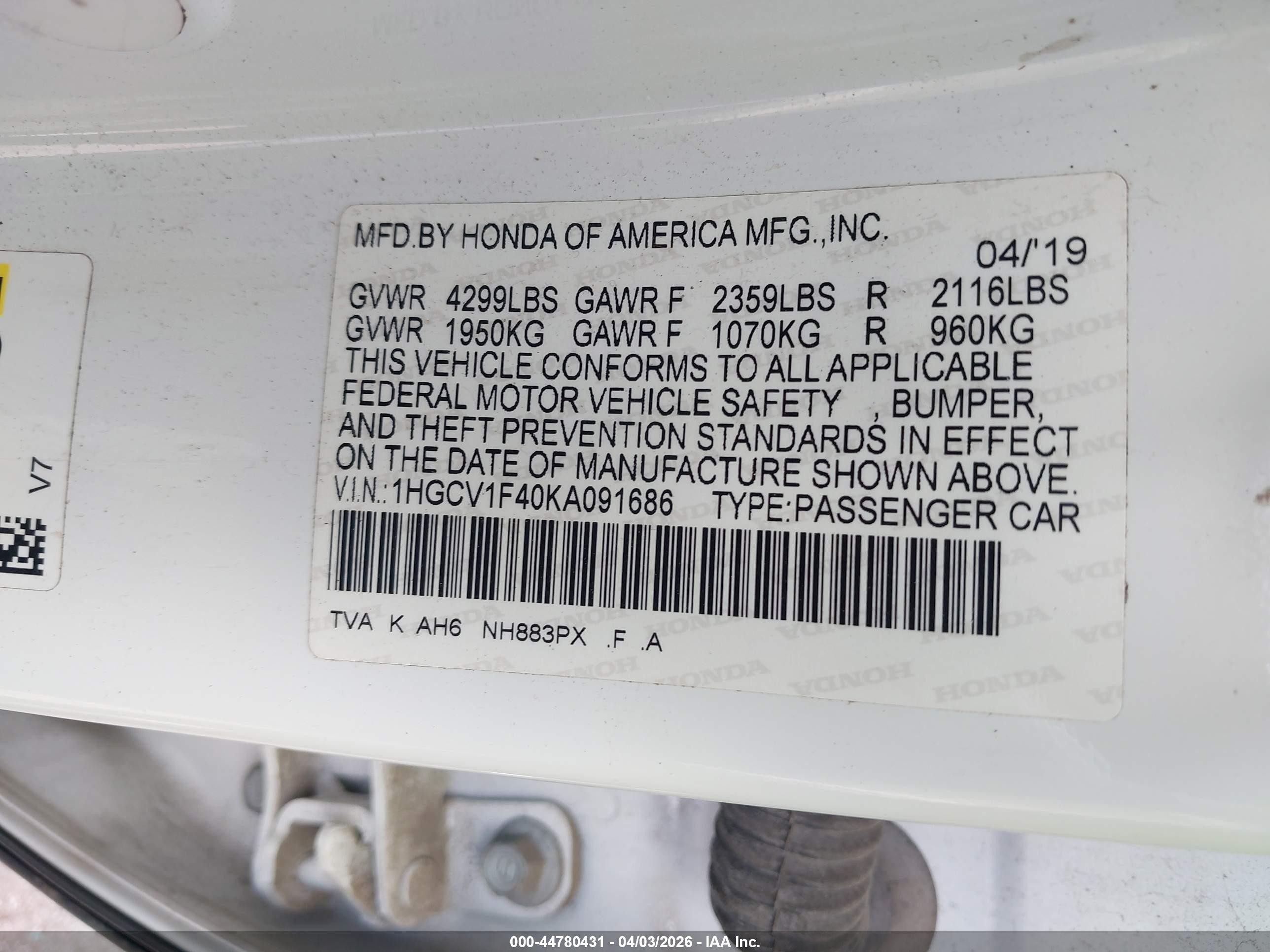 2019 Honda Accord Ex White vin: 1HGCV1F40KA091686