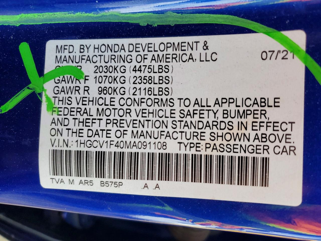 2021 Honda Accord Blue vin: 1HGCV1F40MA091108