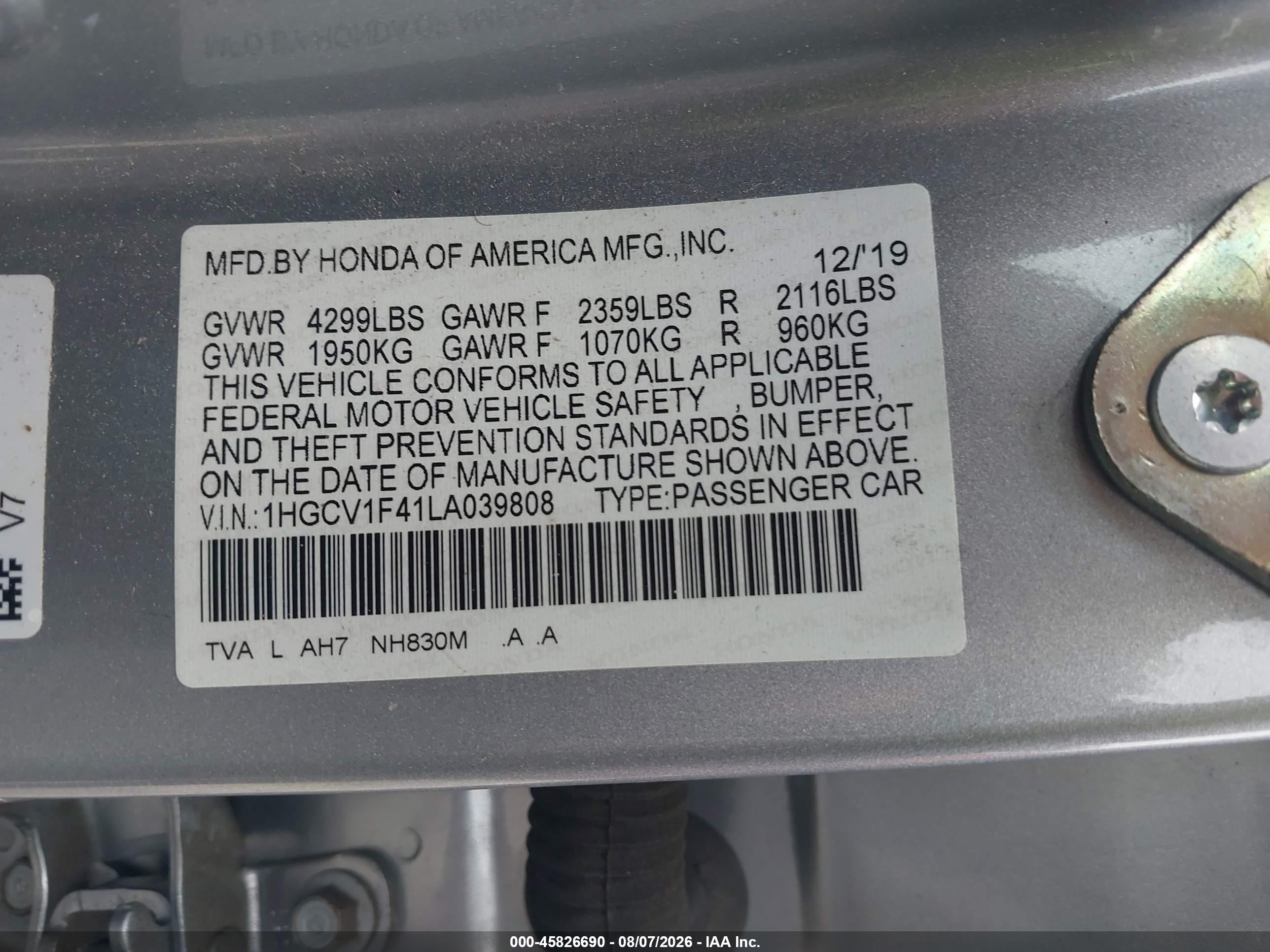2020 Honda Accord Ex Silver vin: 1HGCV1F41LA039808