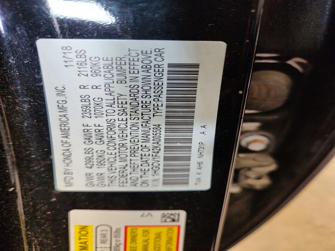 2019 Honda Accord Ex Black vin: 1HGCV1F42KA005584