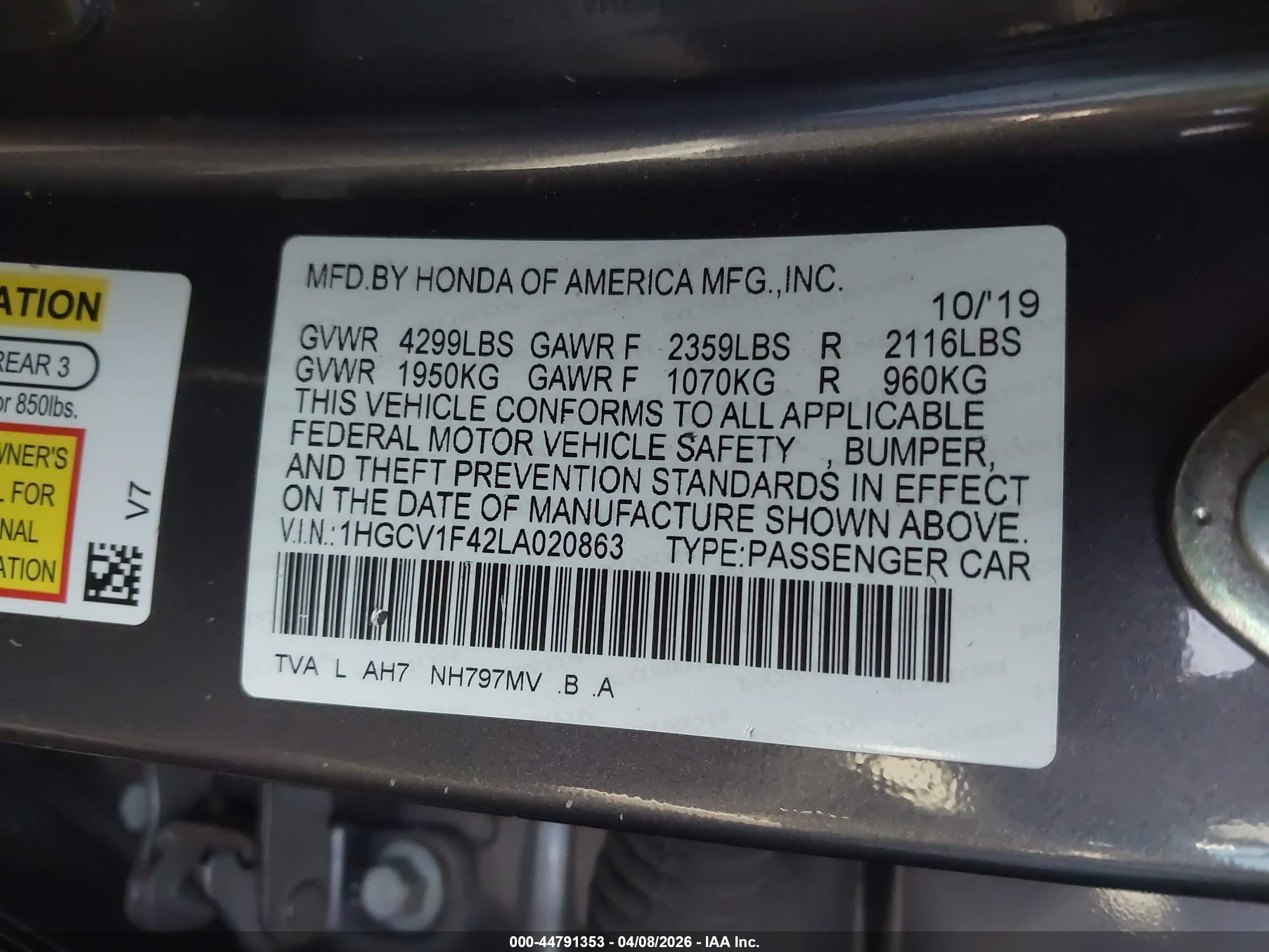 2020 Honda Accord Ex Gray vin: 1HGCV1F42LA020863