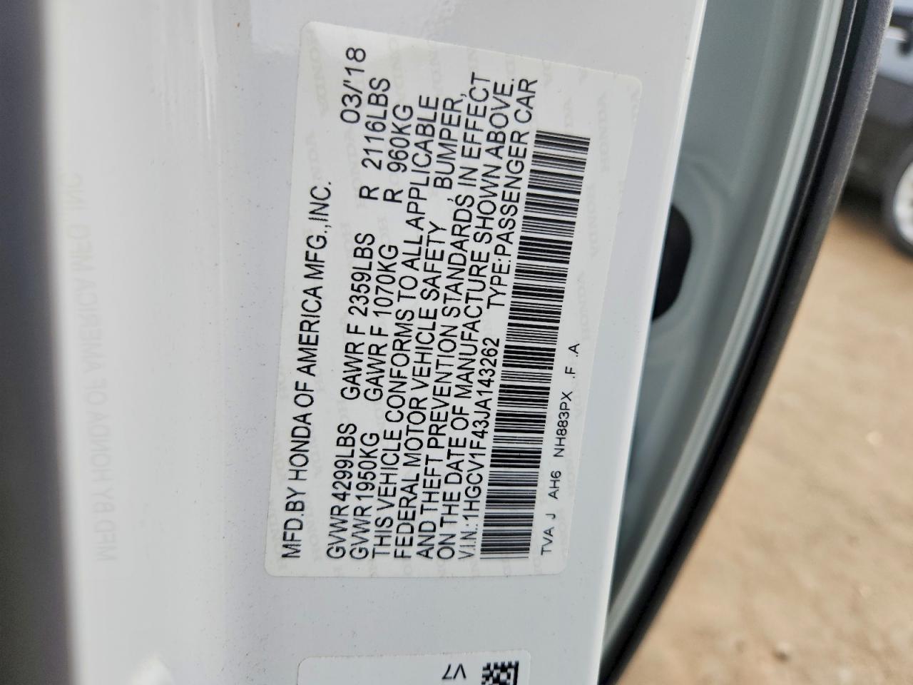 2018 Honda Accord Ex White vin: 1HGCV1F43JA143262