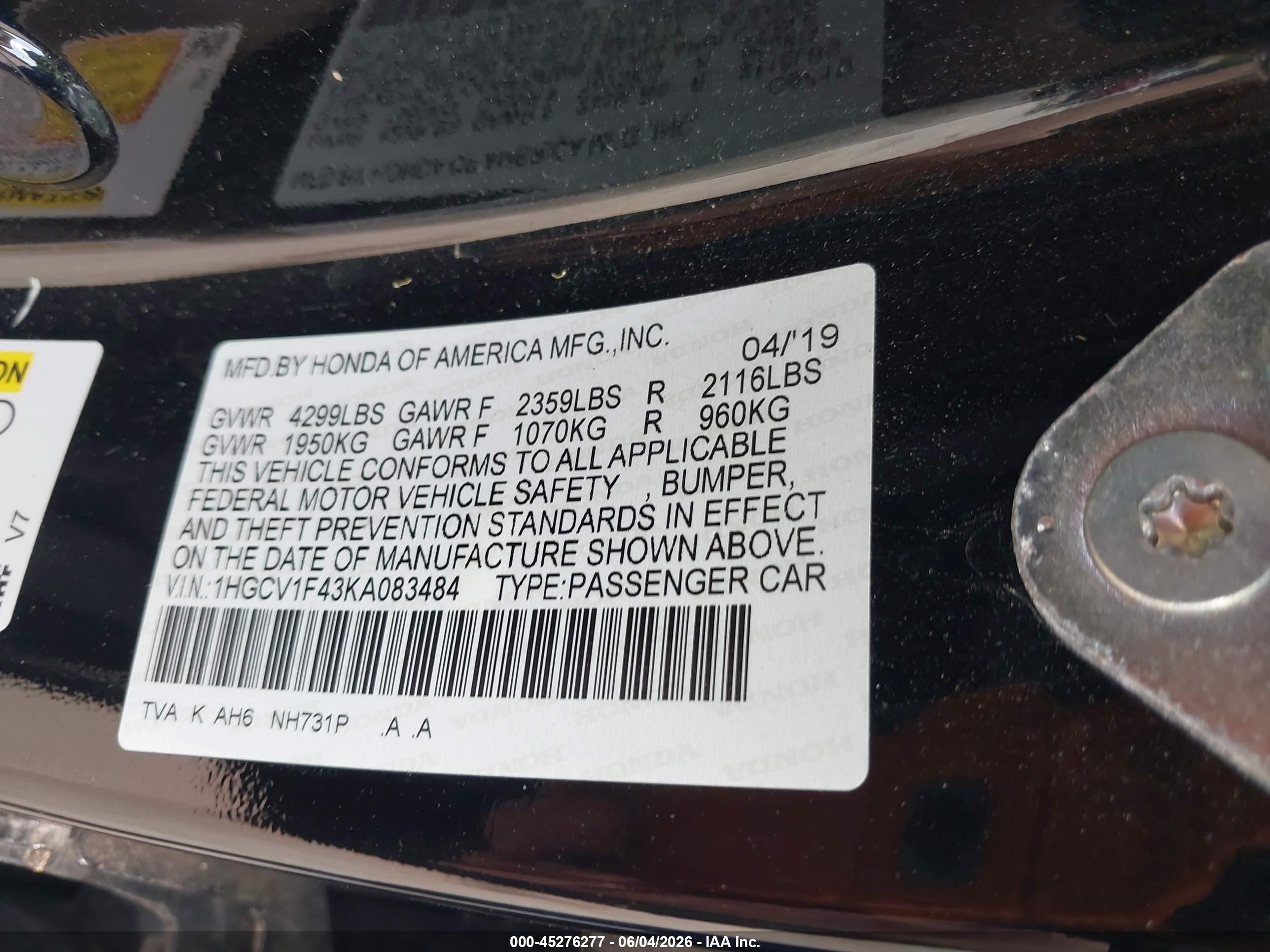 2019 Honda Accord Ex Black vin: 1HGCV1F43KA083484
