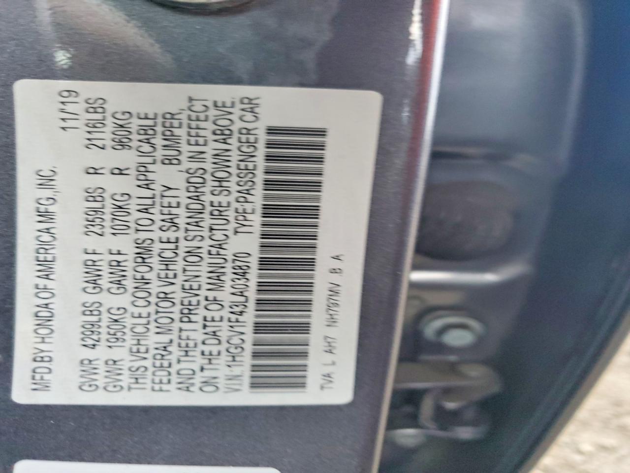 2020 Honda Accord Ex Gray vin: 1HGCV1F43LA034870