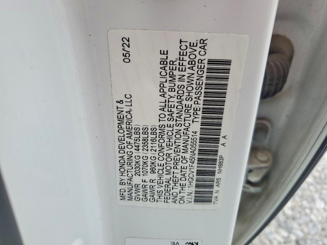 2022 Honda Accord Sport Se White vin: 1HGCV1F45NA055514