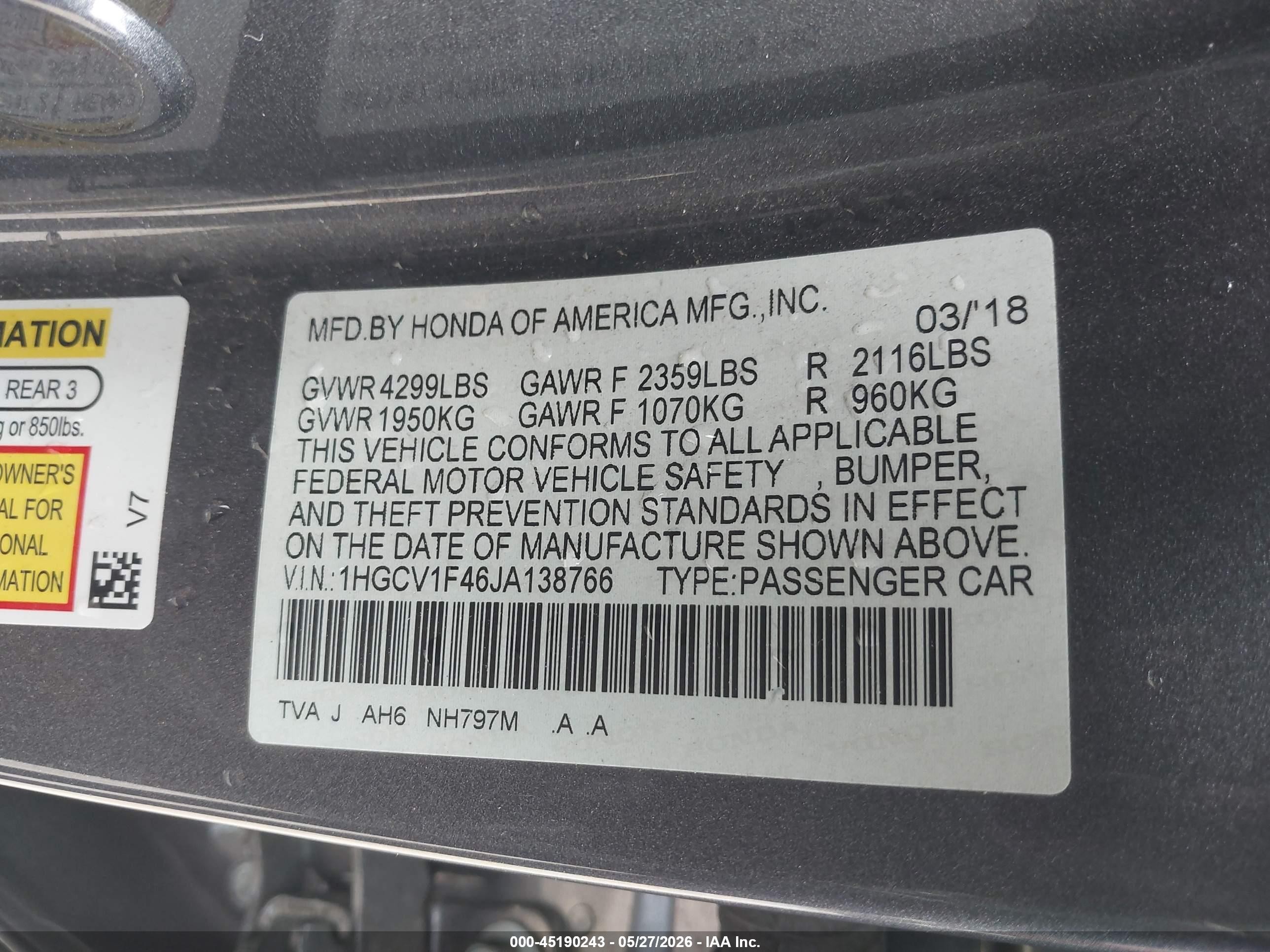 2018 Honda Accord Ex Gray vin: 1HGCV1F46JA138766