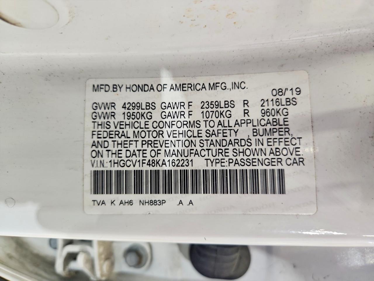 2019 Honda Accord Ex White vin: 1HGCV1F48KA162231