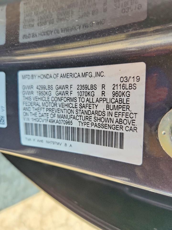2019 Honda Accord Ex Gray vin: 1HGCV1F49KA070965