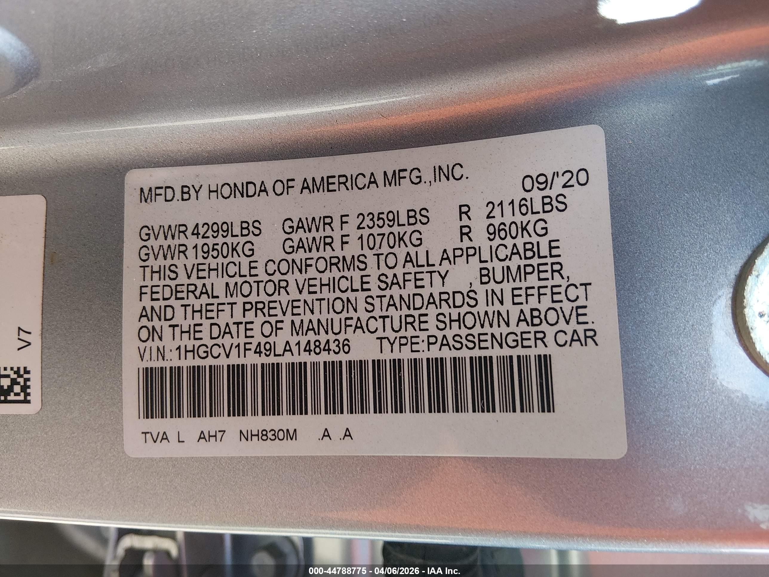 2020 Honda Accord Ex Gray vin: 1HGCV1F49LA148436