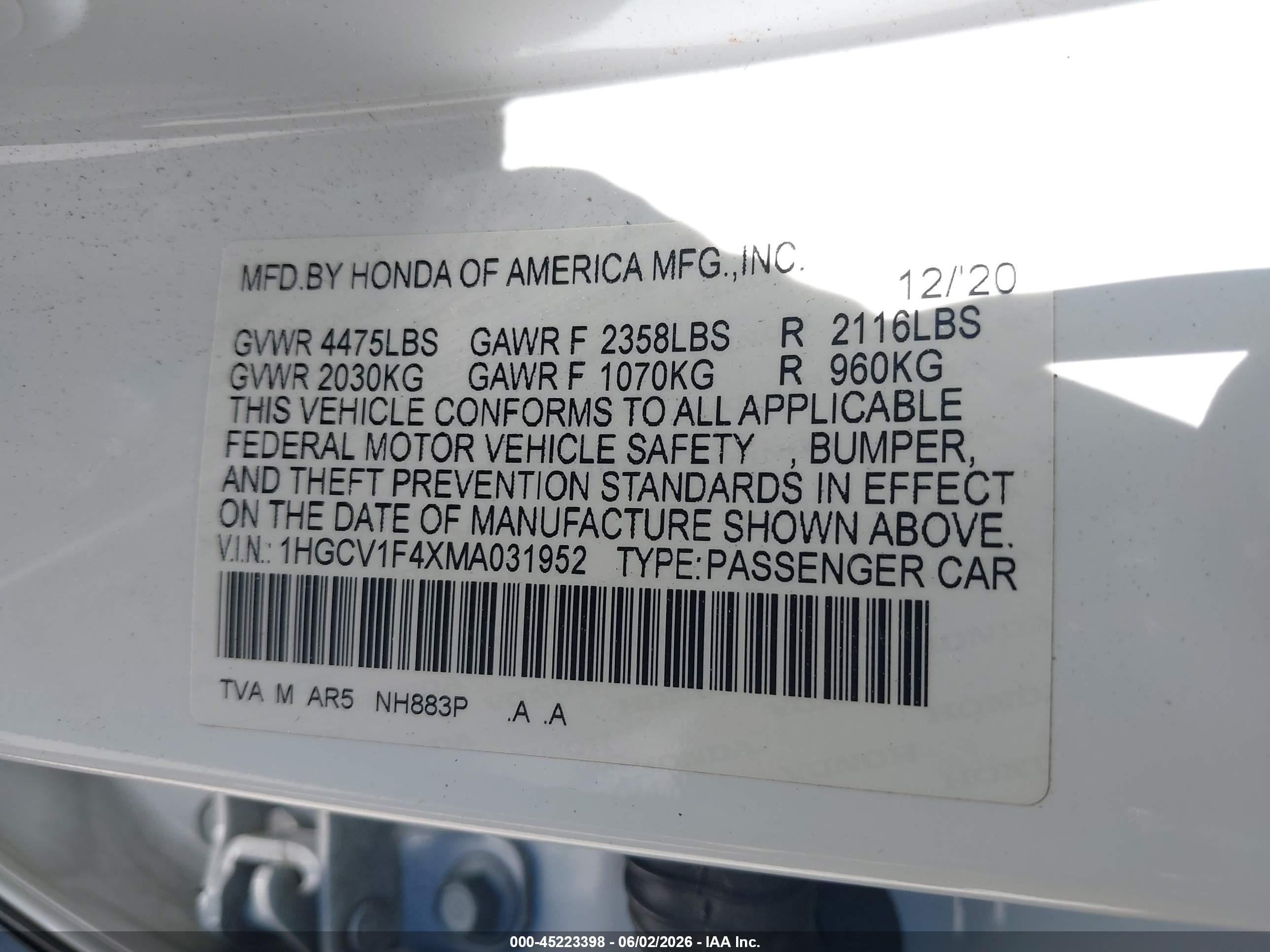 2021 Honda Accord Sport Special Edition White vin: 1HGCV1F4XMA031952