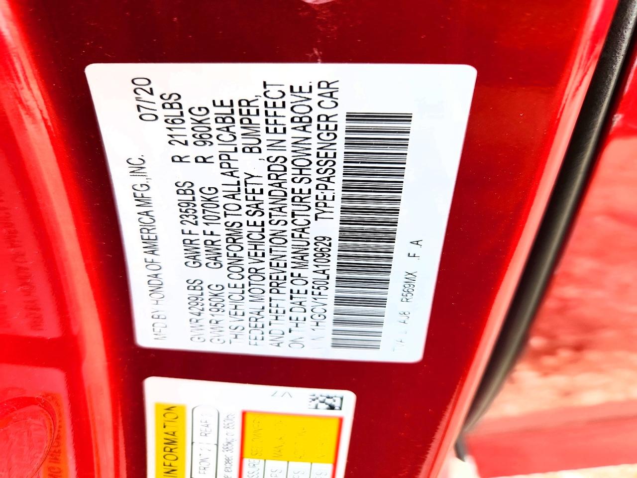 2020 Honda Accord Exl Red vin: 1HGCV1F50LA109629