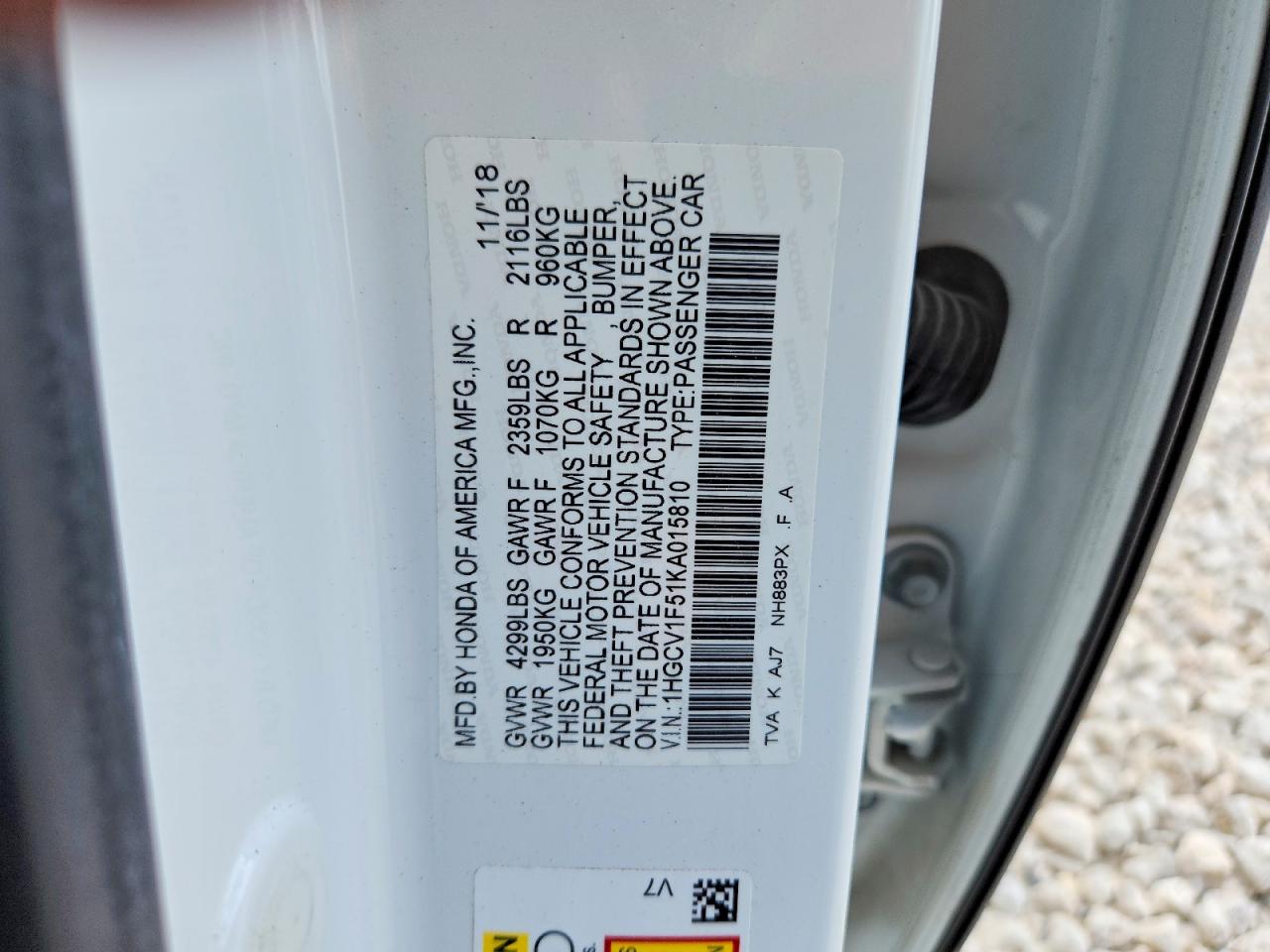 2019 Honda Accord Exl White vin: 1HGCV1F51KA015810