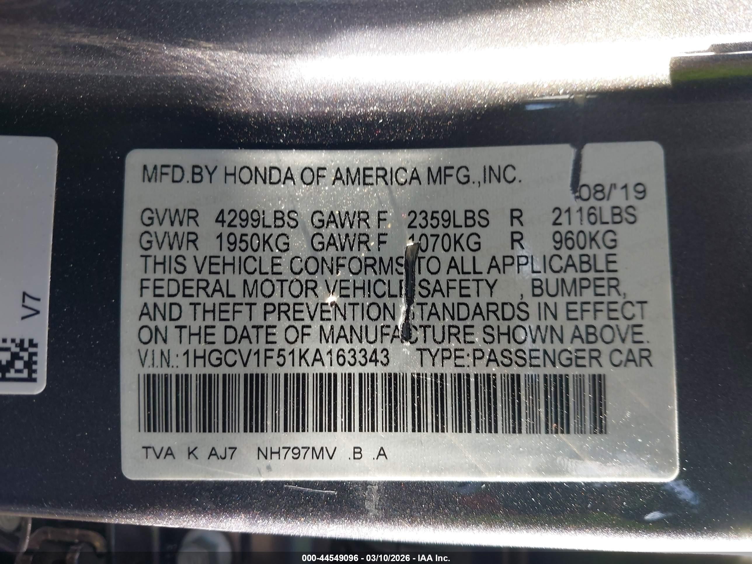 2019 Honda Accord Ex-l Gray vin: 1HGCV1F51KA163343