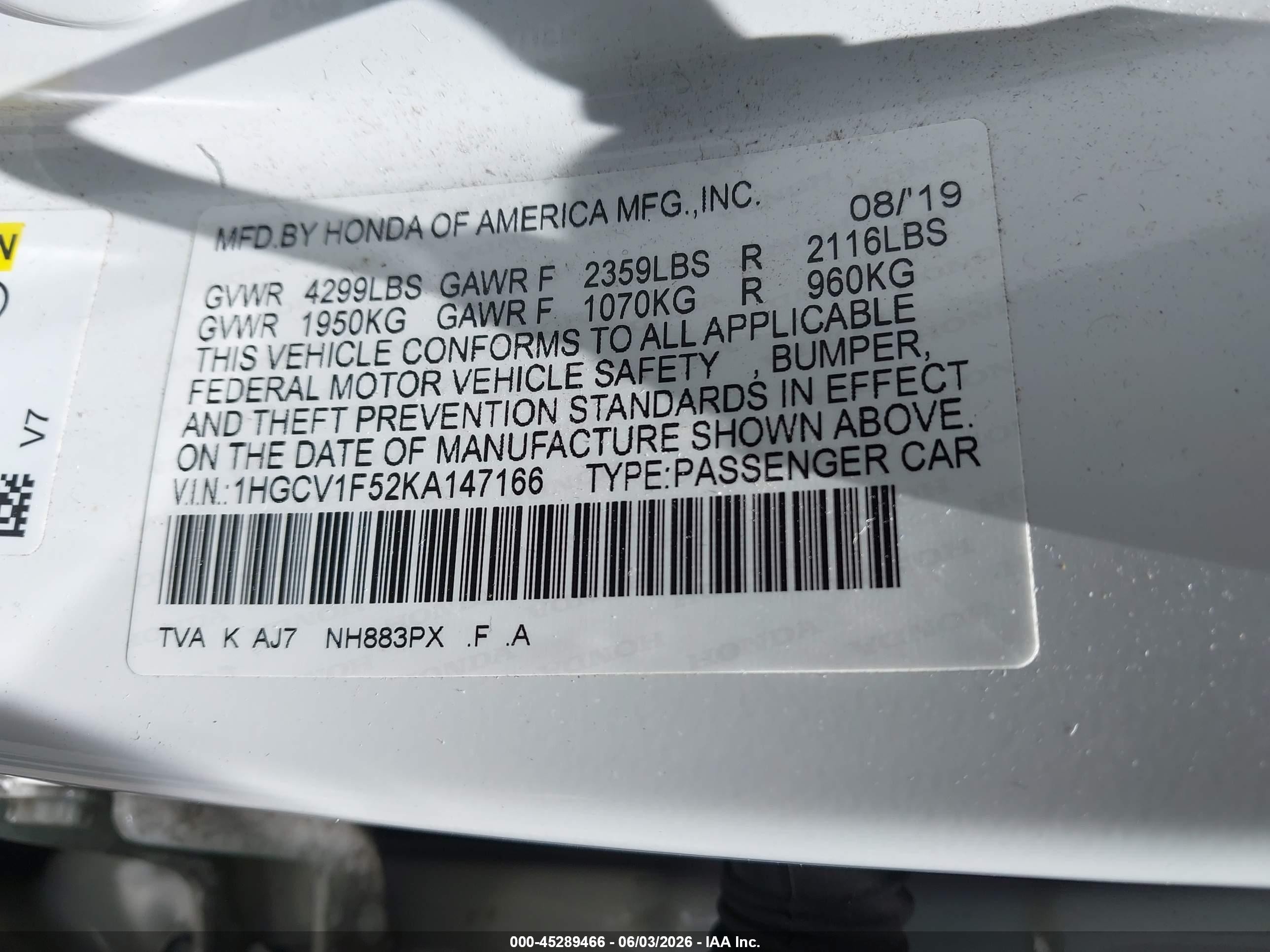 2019 Honda Accord Ex-l 1.5t White vin: 1HGCV1F52KA147166