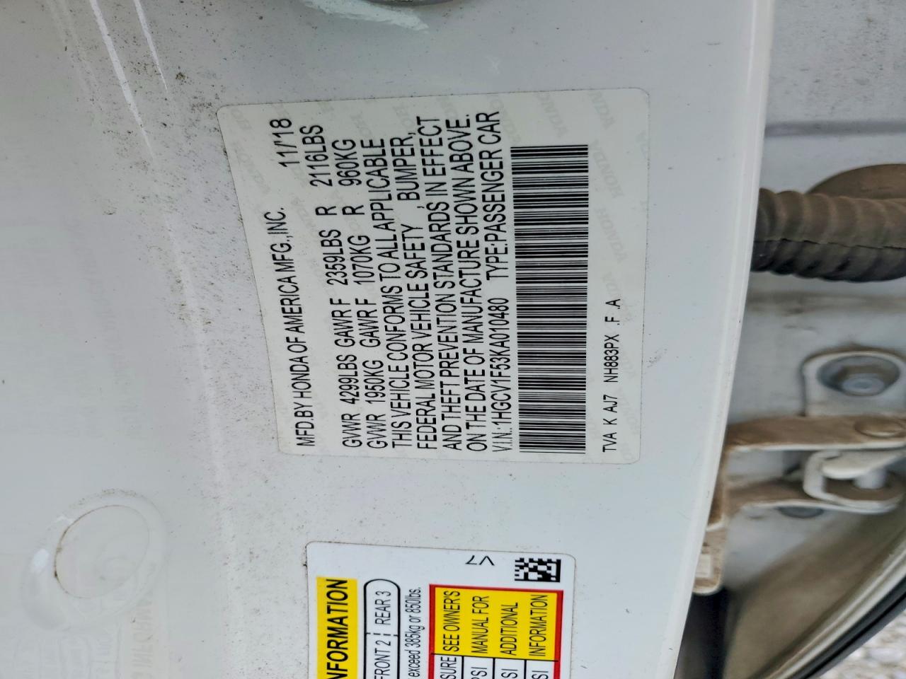2019 Honda Accord Exl White vin: 1HGCV1F53KA010480