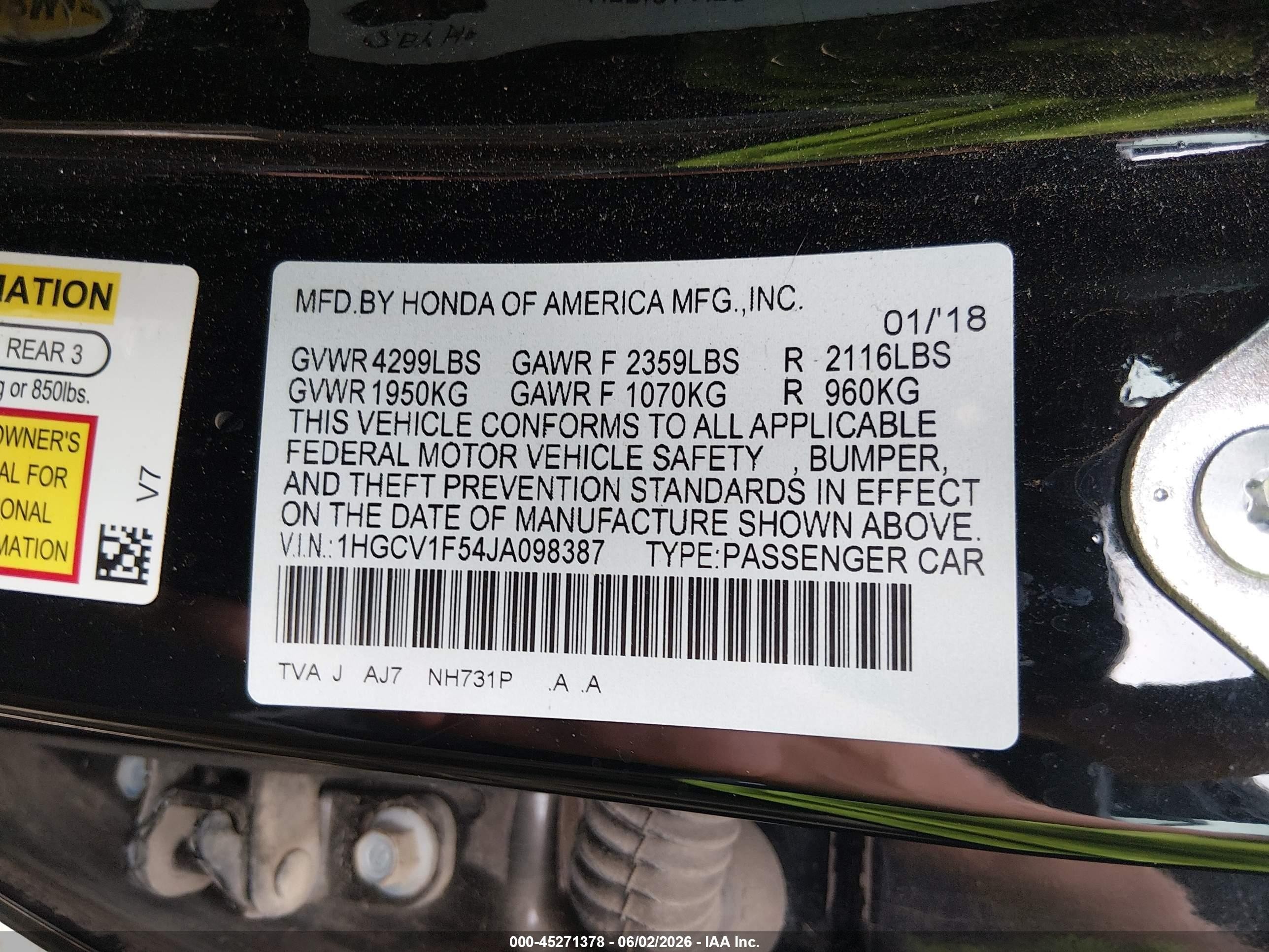 2018 Honda Accord Ex-l Black vin: 1HGCV1F54JA098387