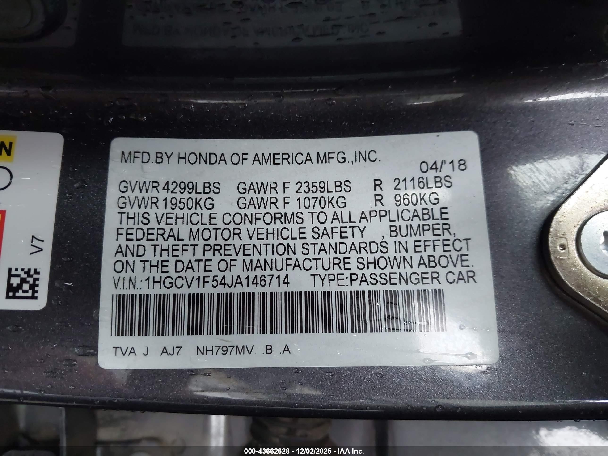 2018 Honda Accord Ex-l Gray vin: 1HGCV1F54JA146714