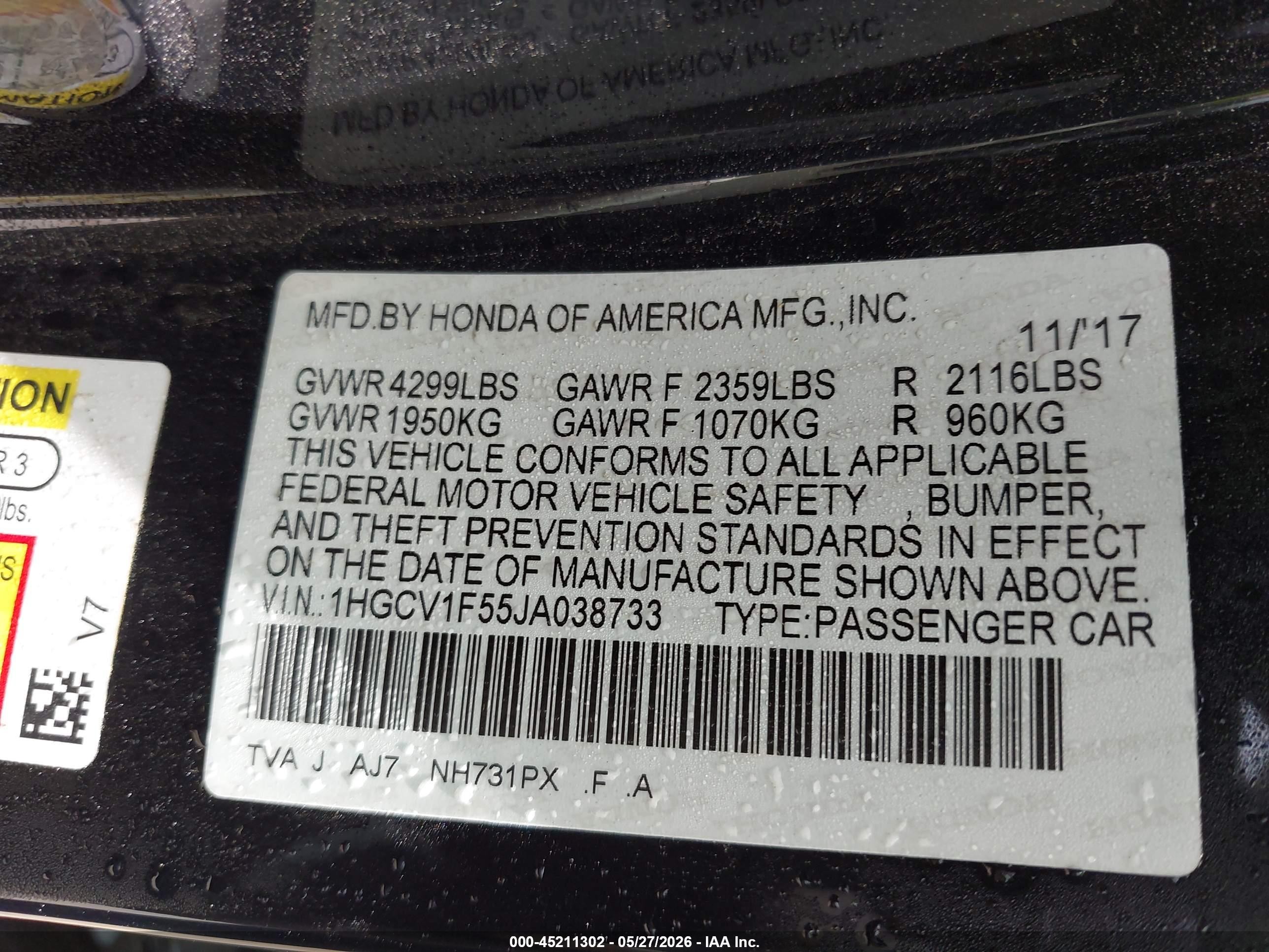 2018 Honda Accord Ex-l Черный vin: 1HGCV1F55JA038733