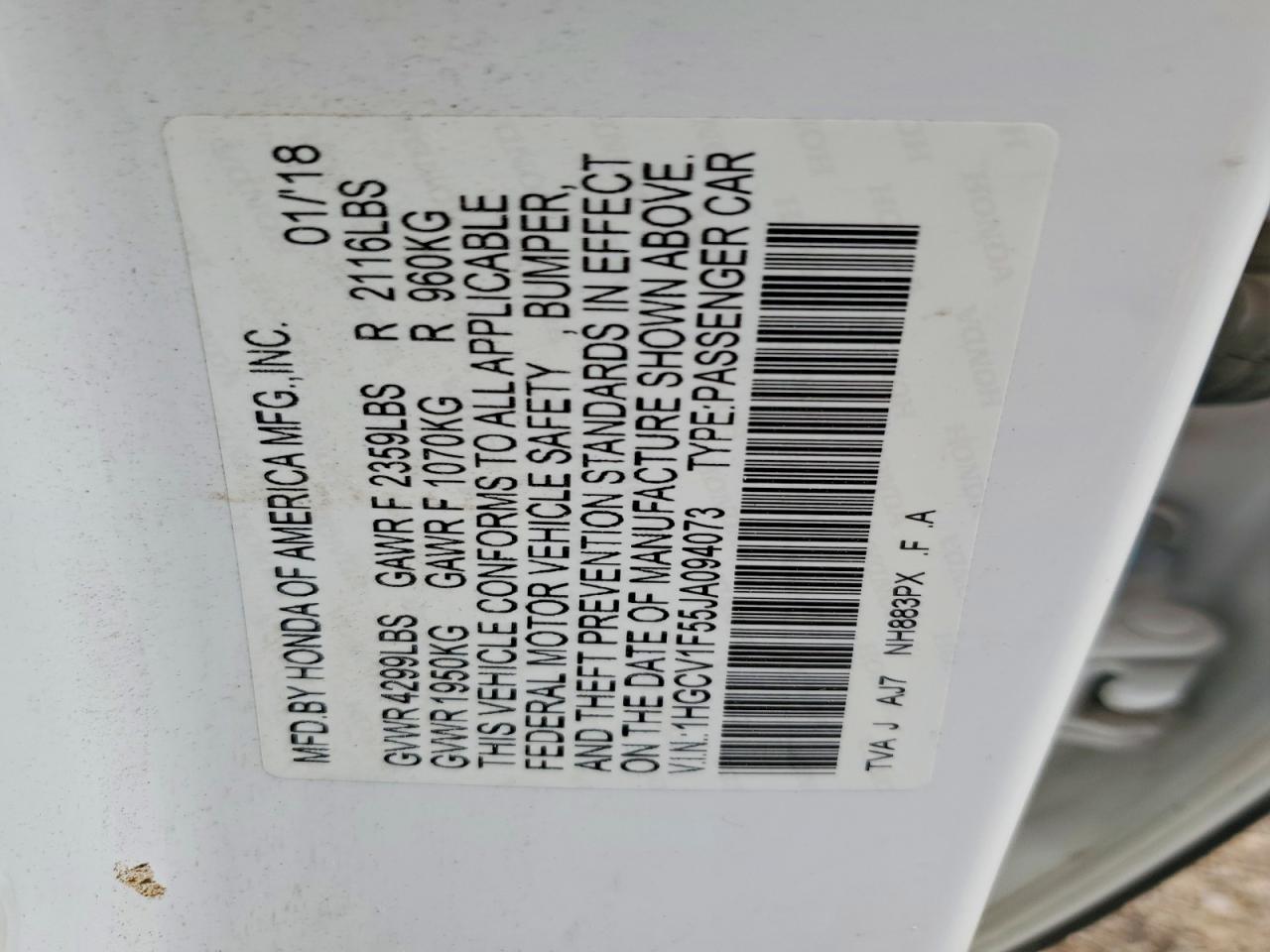 2018 Honda Accord Exl White vin: 1HGCV1F55JA094073