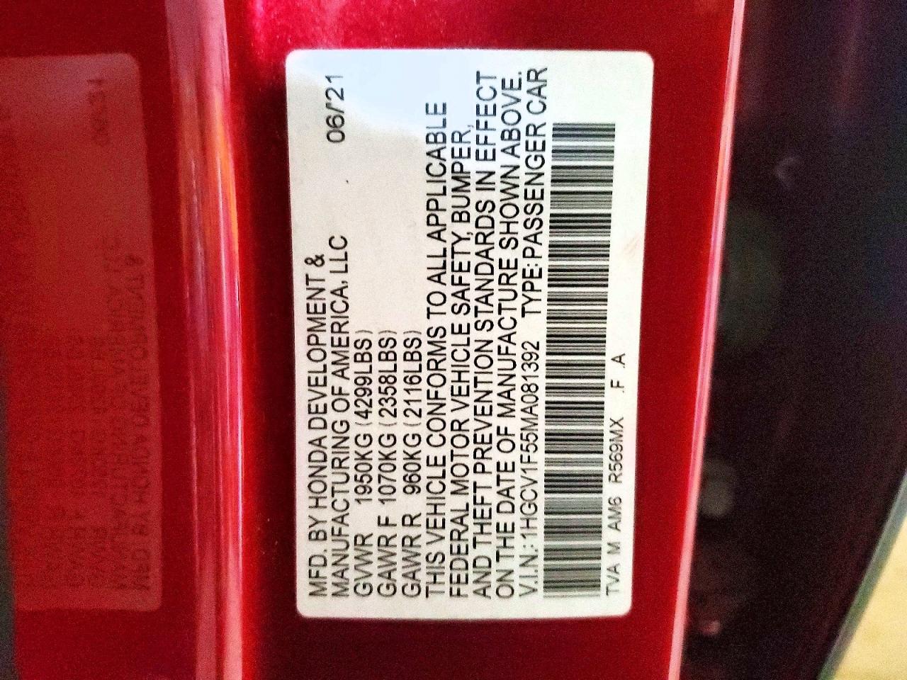 2021 Honda Accord Exl Red vin: 1HGCV1F55MA081392