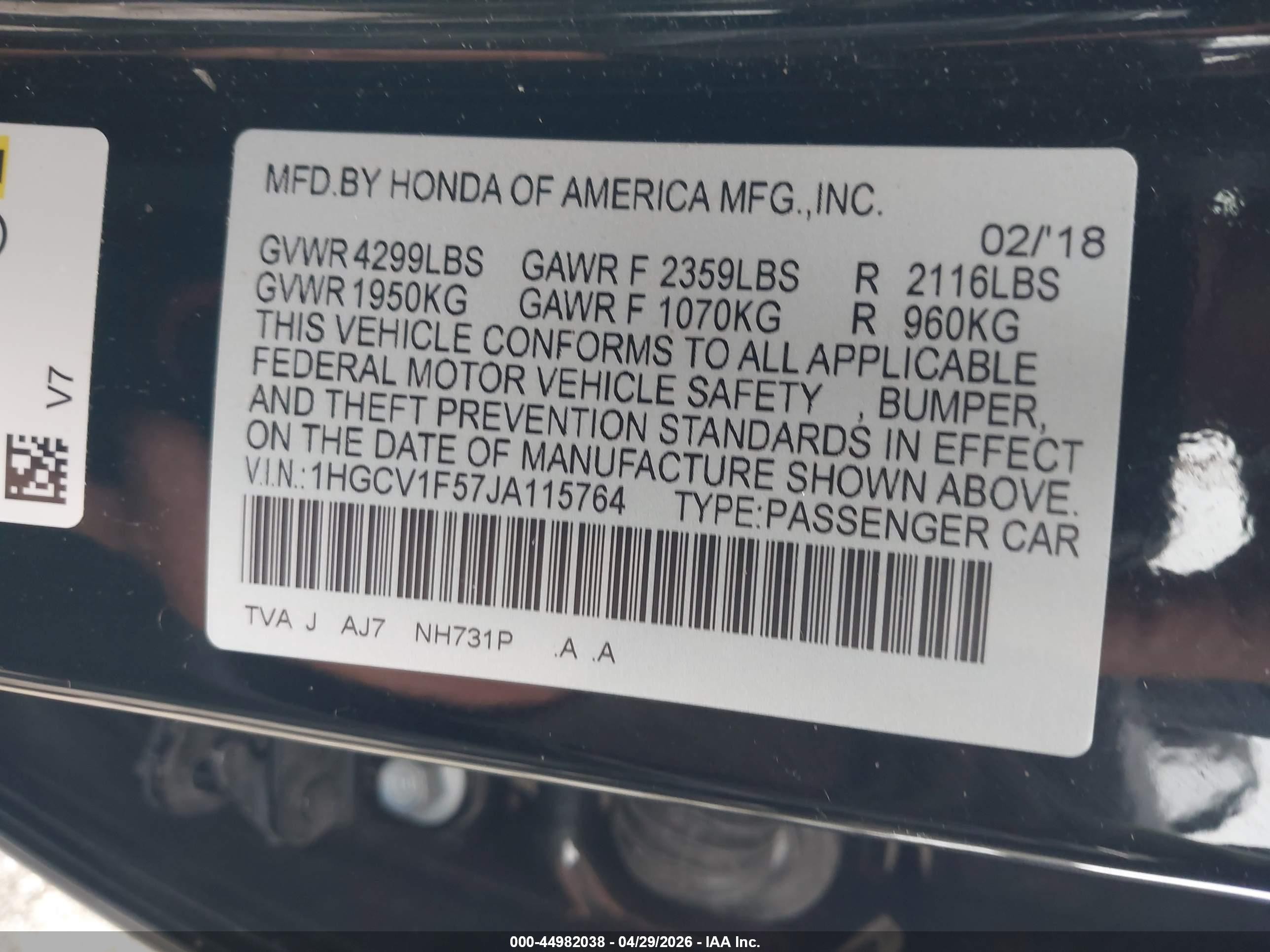 2018 Honda Accord Ex-l Black vin: 1HGCV1F57JA115764