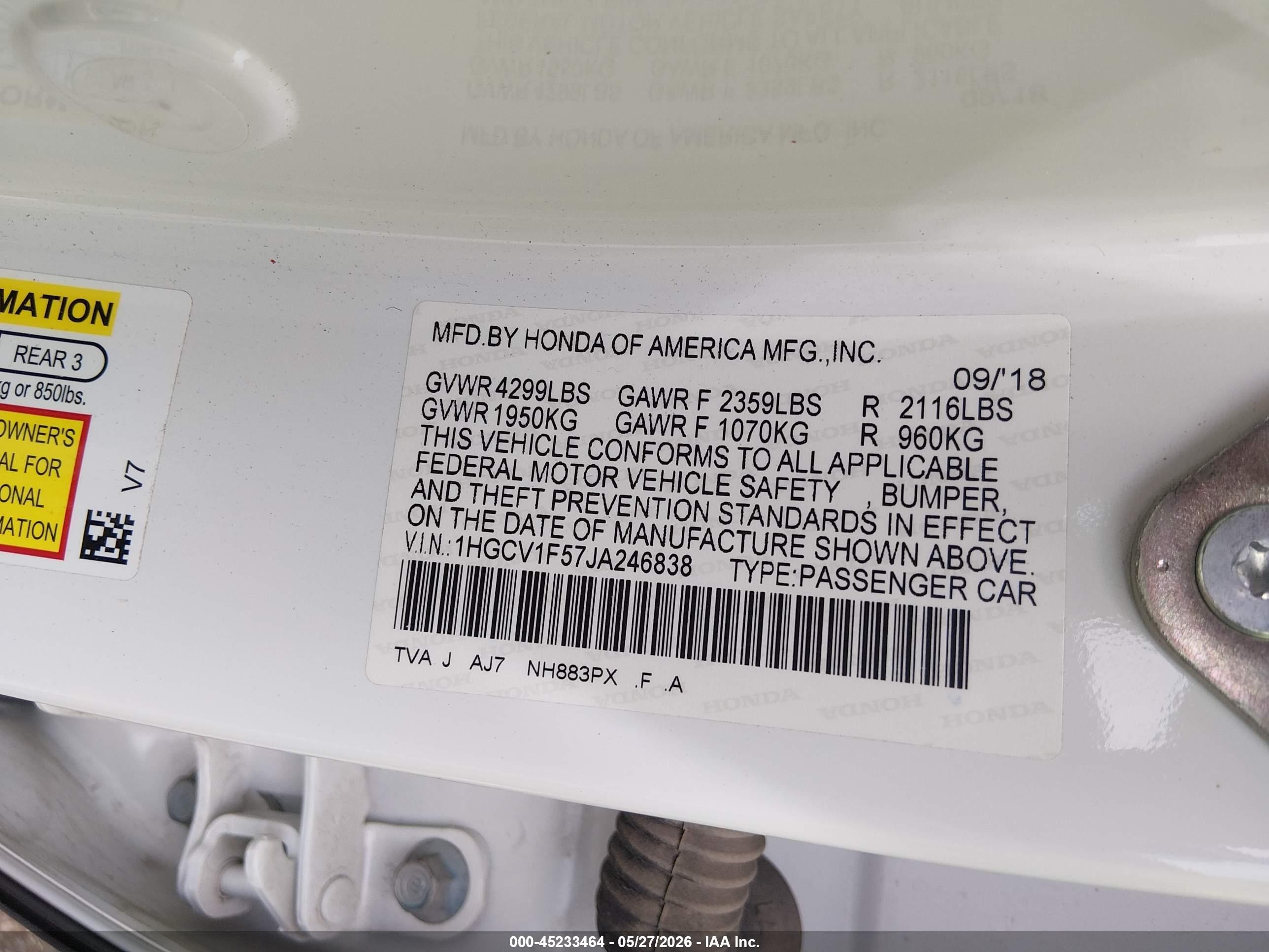 2018 Honda Accord Ex-l Белый vin: 1HGCV1F57JA246838
