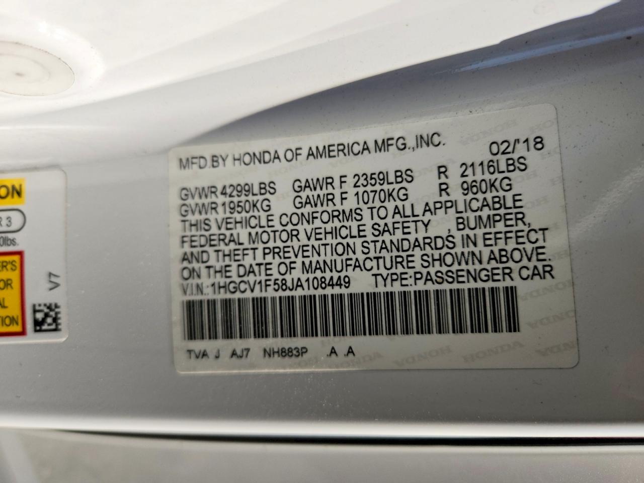 2018 Honda Accord Exl White vin: 1HGCV1F58JA108449