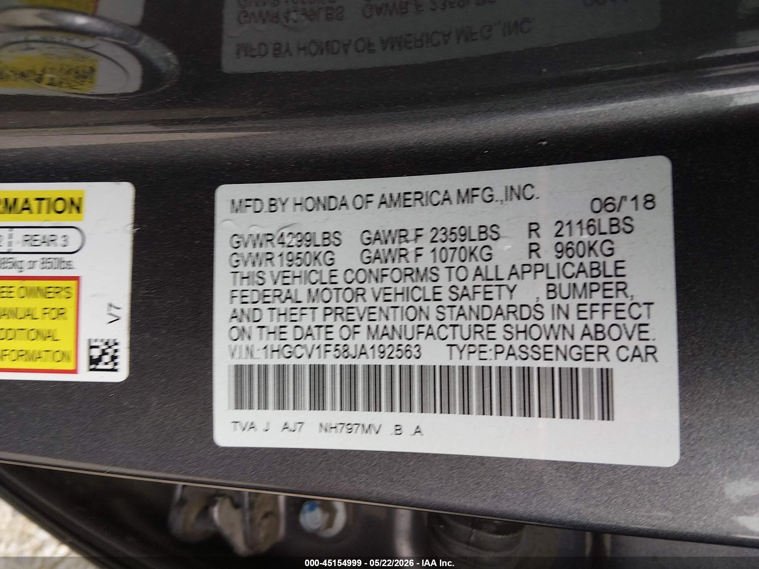 2018 Honda Accord Ex-l Gray vin: 1HGCV1F58JA192563