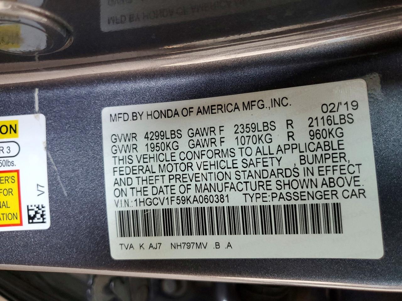 2019 Honda Accord Exl Gray vin: 1HGCV1F59KA060381