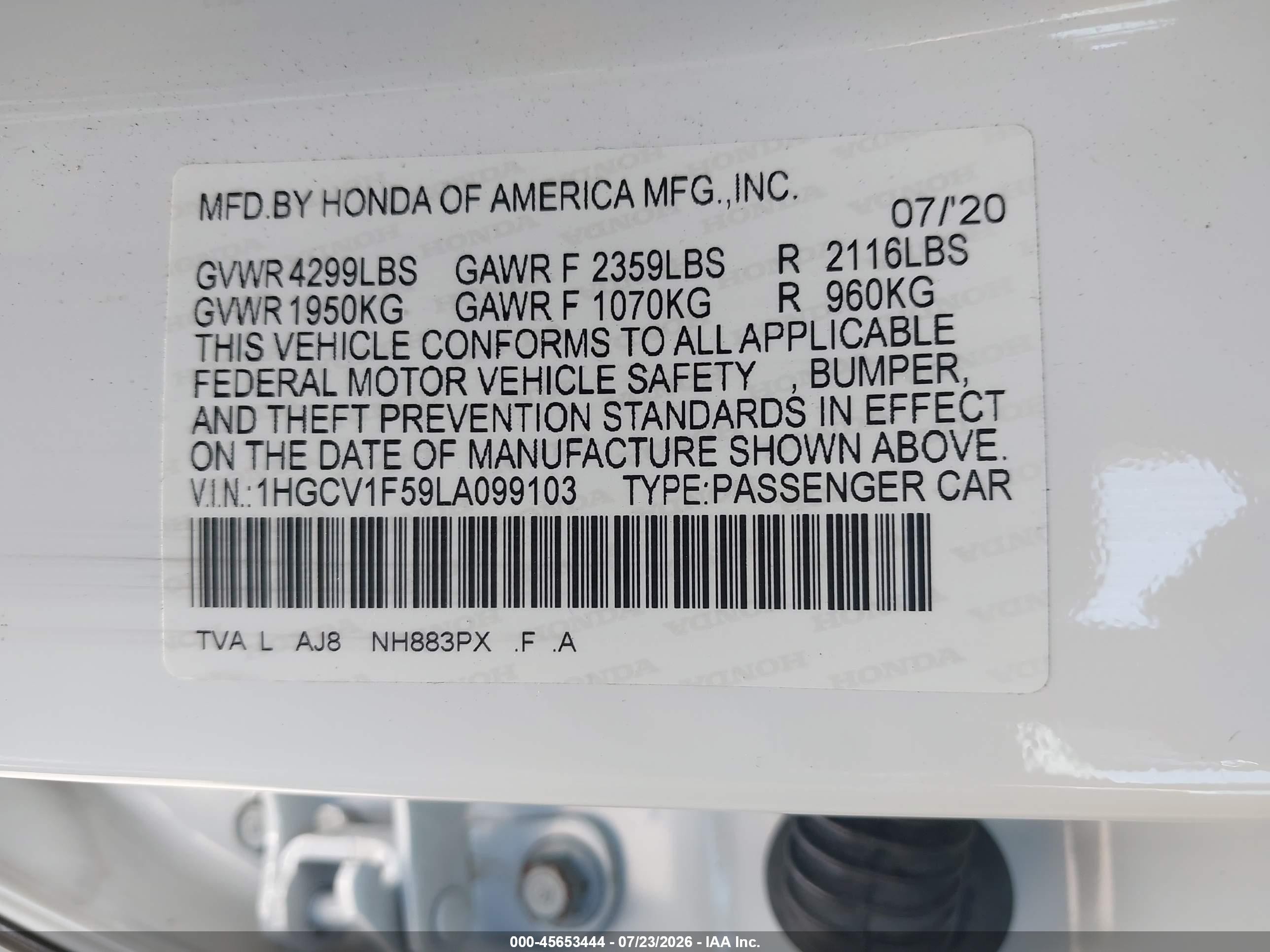2020 Honda Accord Ex-l White vin: 1HGCV1F59LA099103