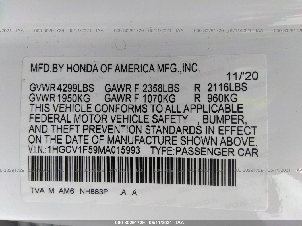 2021 Honda Accord Sedan Ex-l White vin: 1HGCV1F59MA015993