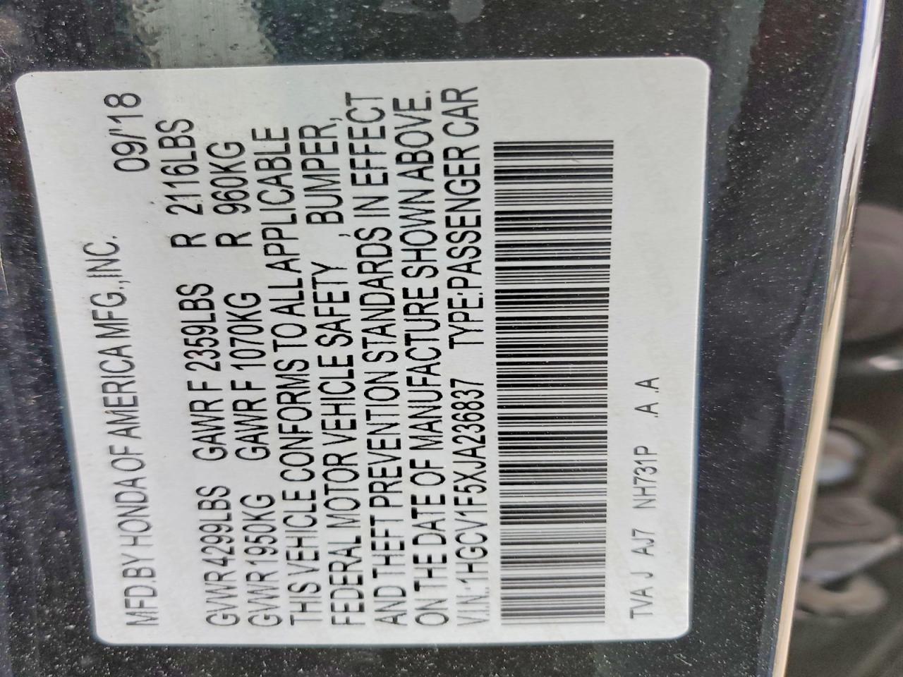 2018 Hond Accord Exl Black vin: 1HGCV1F5XJA236837