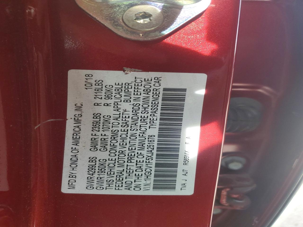 2018 Honda Accord Exl Red vin: 1HGCV1F5XJA251676