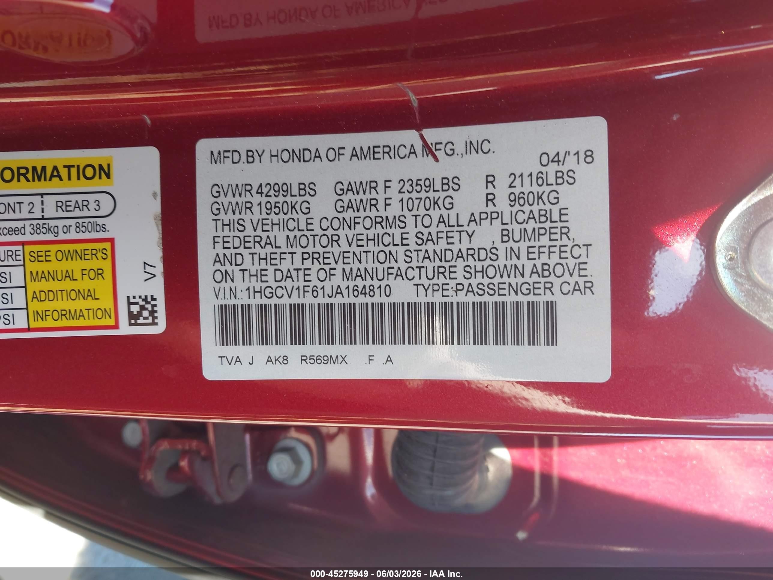 2018 Honda Accord Ex-l Red vin: 1HGCV1F61JA164810