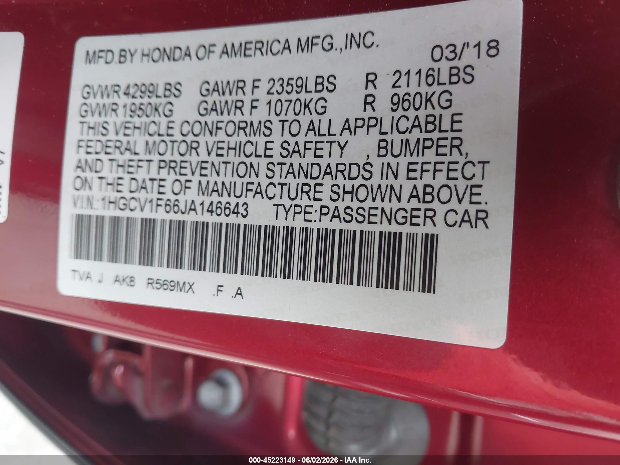 2018 Honda Accord Ex-l Burgundy vin: 1HGCV1F66JA146643