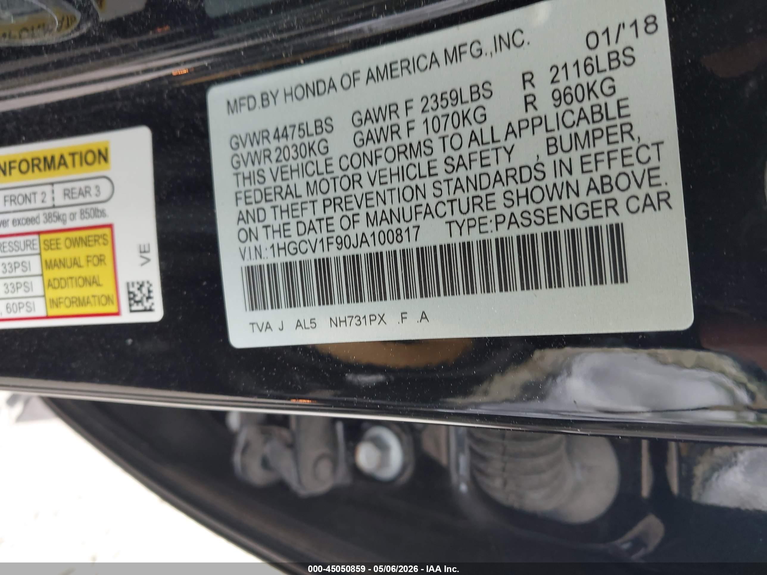 2018 Honda Accord Touring Черный vin: 1HGCV1F90JA100817
