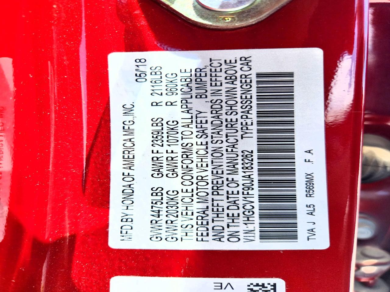 2018 Honda Accord Touring Red vin: 1HGCV1F90JA183262