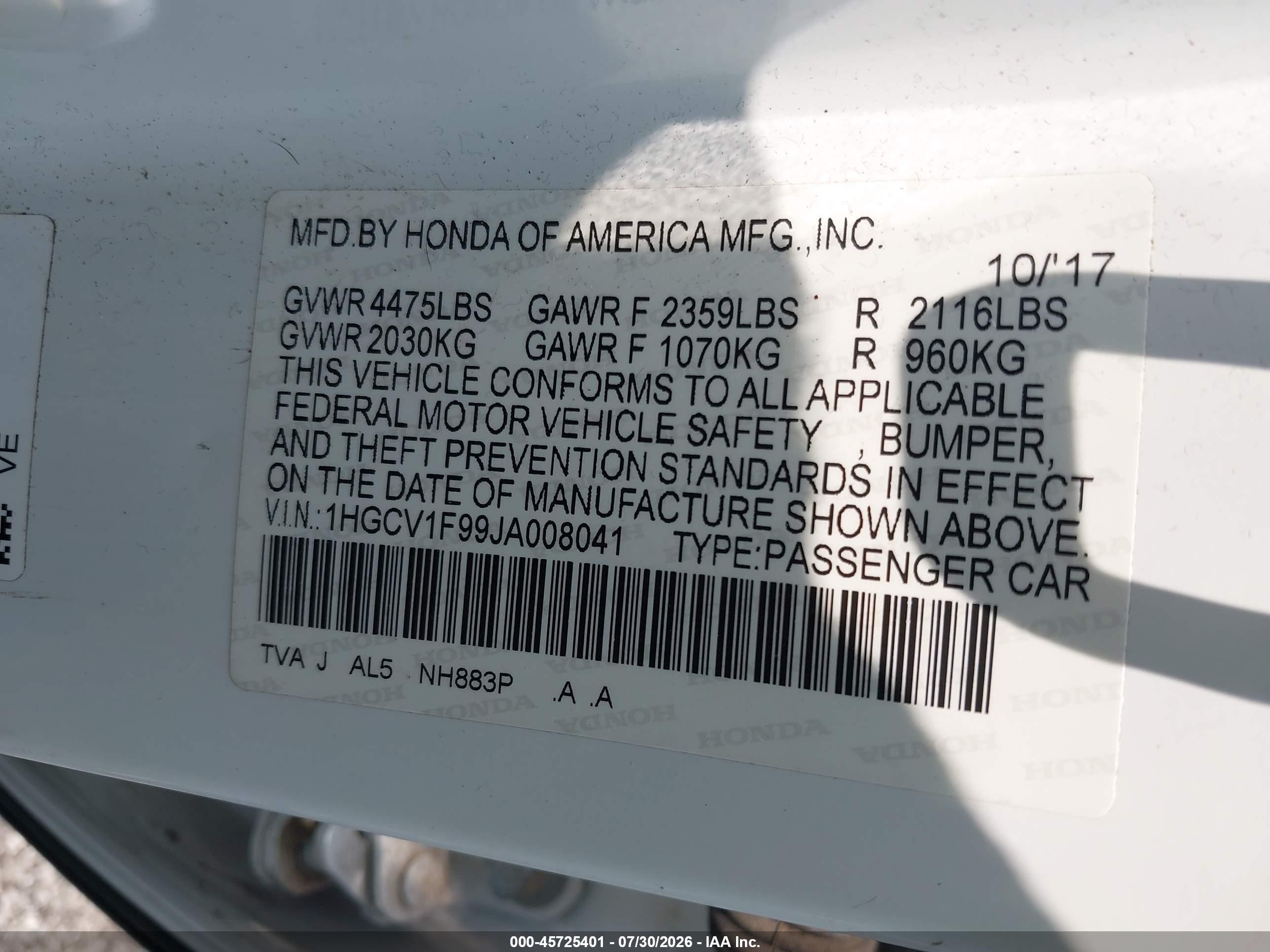 2018 Honda Accord Touring White vin: 1HGCV1F99JA008041