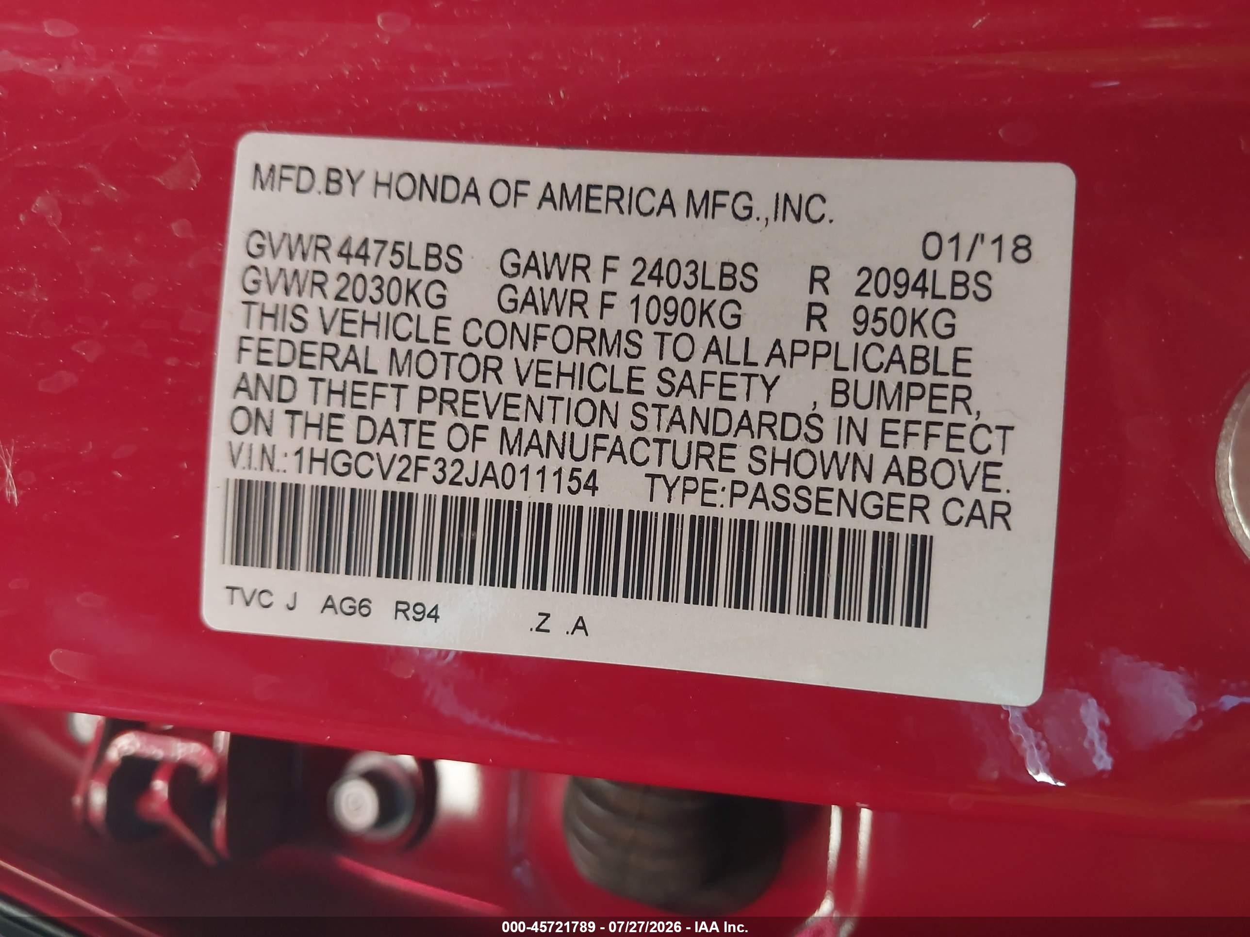 2018 Honda Accord Sport 2.0t Red vin: 1HGCV2F32JA011154