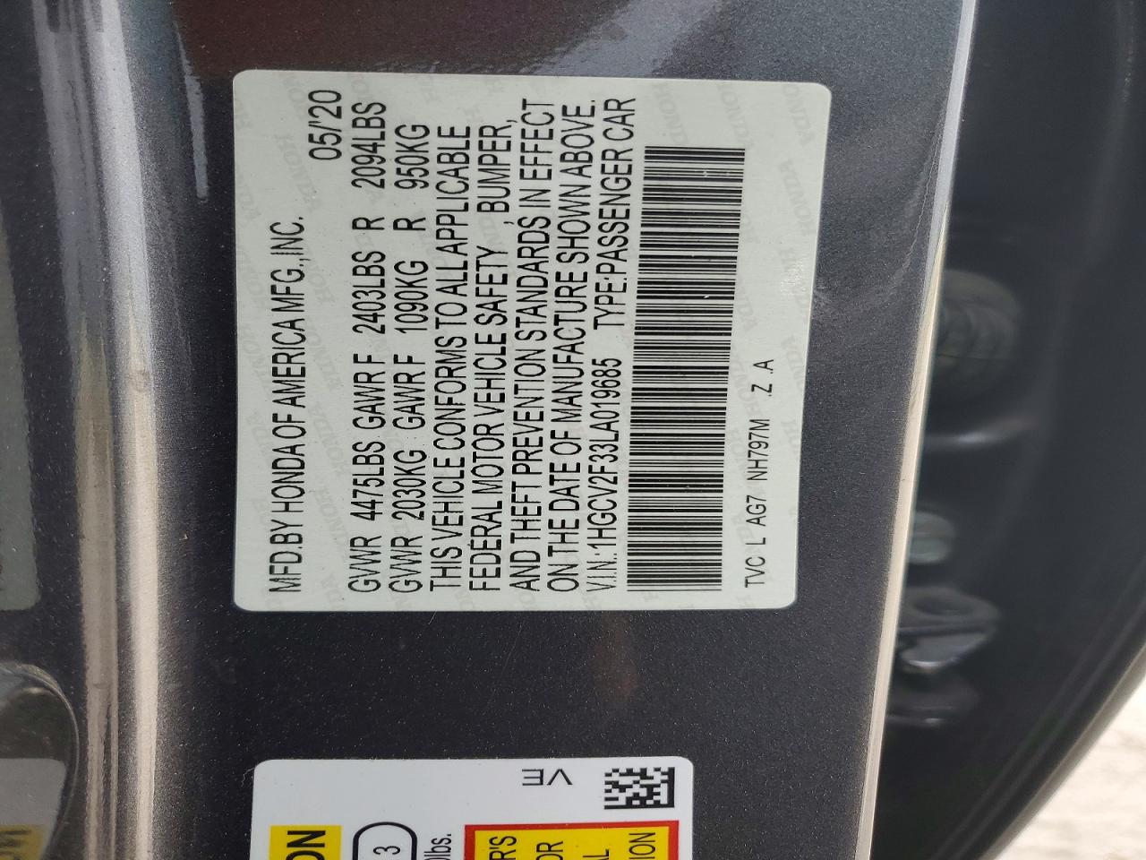 2020 Honda Accord Sport Gray vin: 1HGCV2F33LA019685