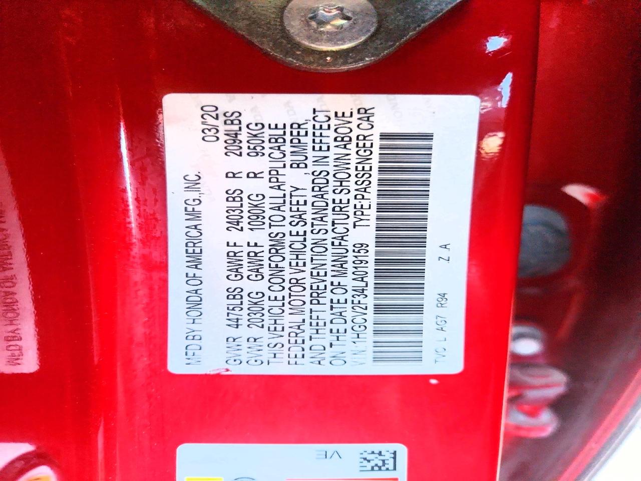 2020 Honda Accord Sport Red vin: 1HGCV2F34LA019159