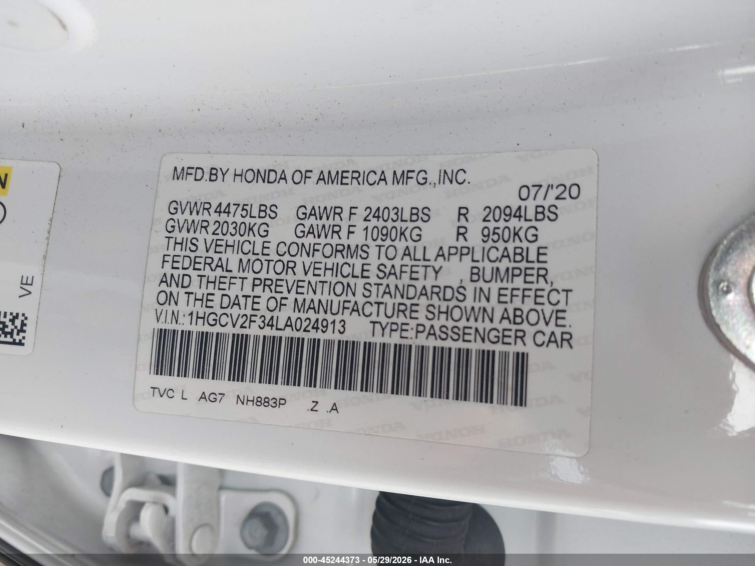 2020 Honda Accord Sport 2.0t White vin: 1HGCV2F34LA024913