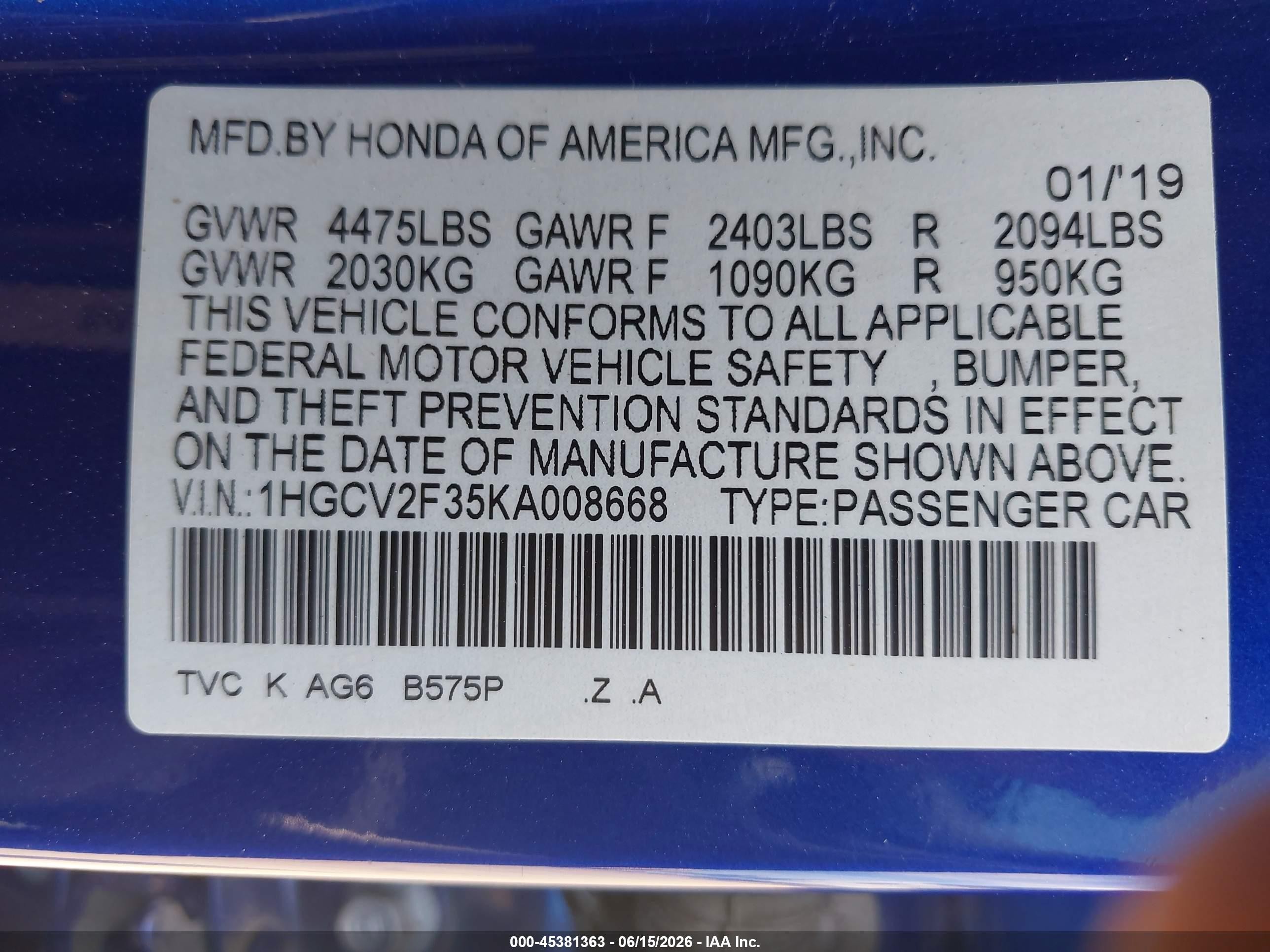 2019 Honda Accord Sport 2.0t Blue vin: 1HGCV2F35KA008668