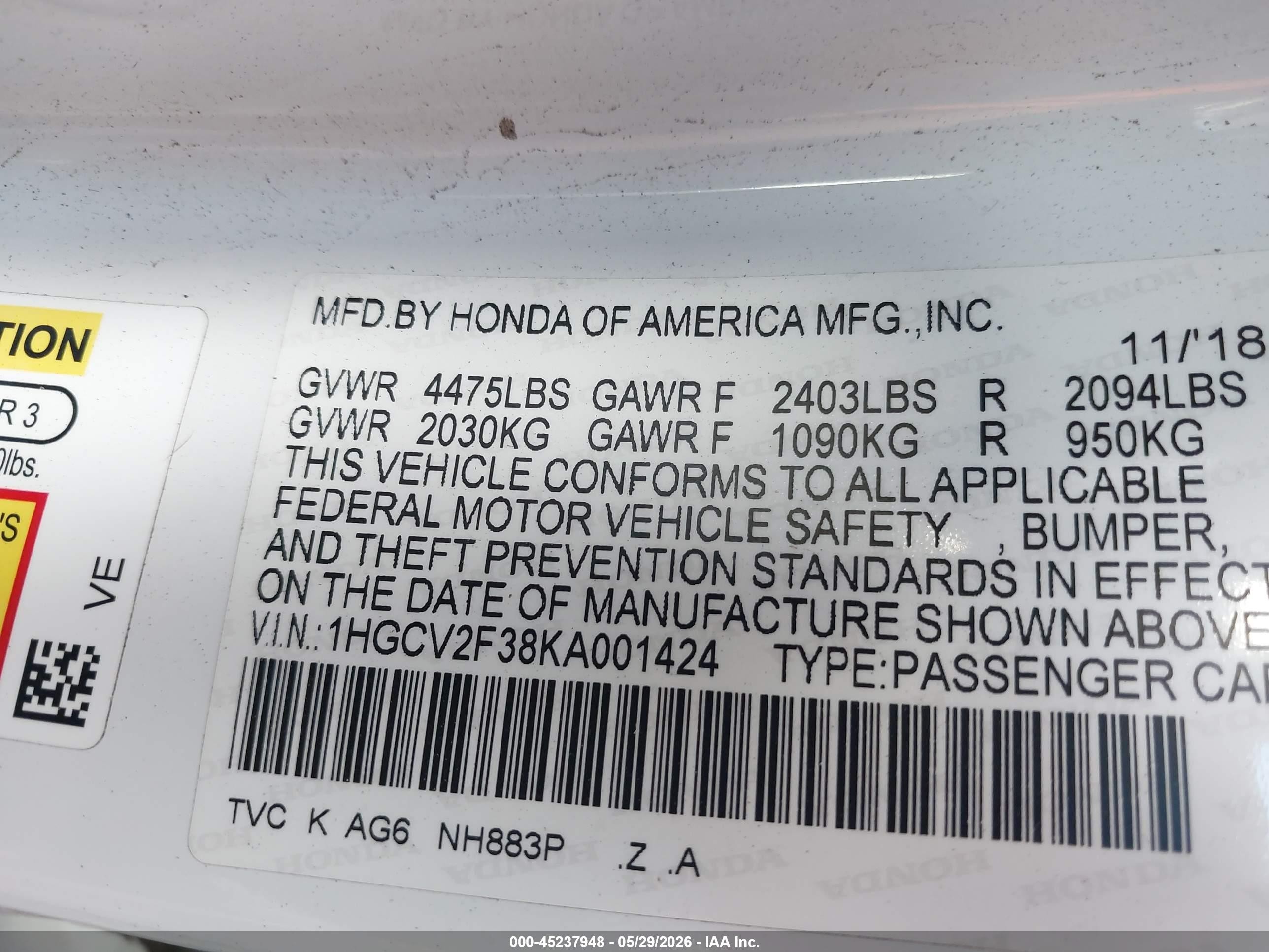 2019 Honda Accord Sport 2.0t Белый vin: 1HGCV2F38KA001424